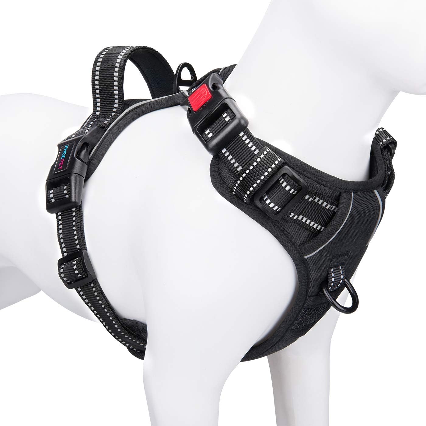 phoepet medium reflective dog harness with handle adjustable 2 metal rings orange