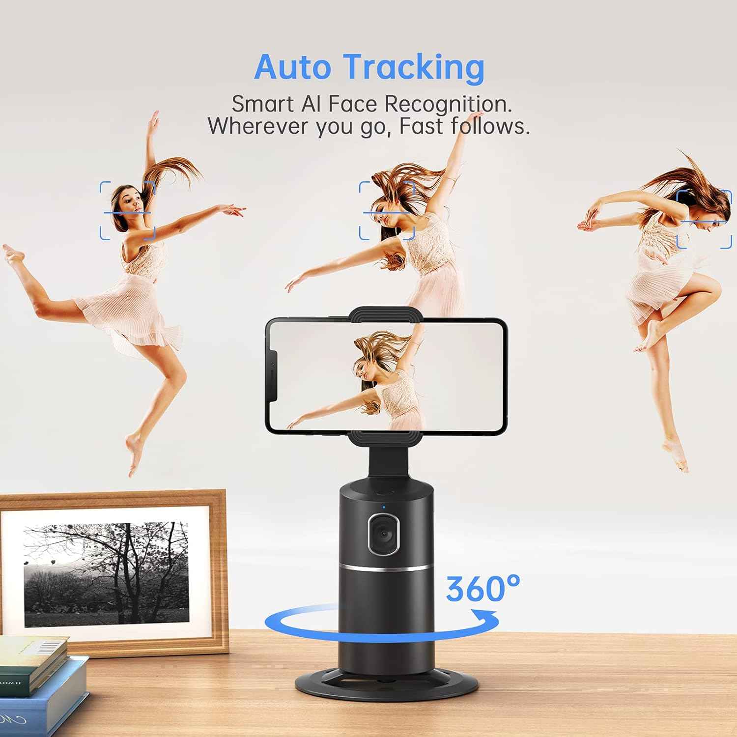 camrola Auto Face Tracking Phone Holder, No App Required, 360° Rotation Face Body Phone Tracking Tripod Smart Shooting Camera Mount for Live Vlog Streaming Video, Rechargeable Battery-Black