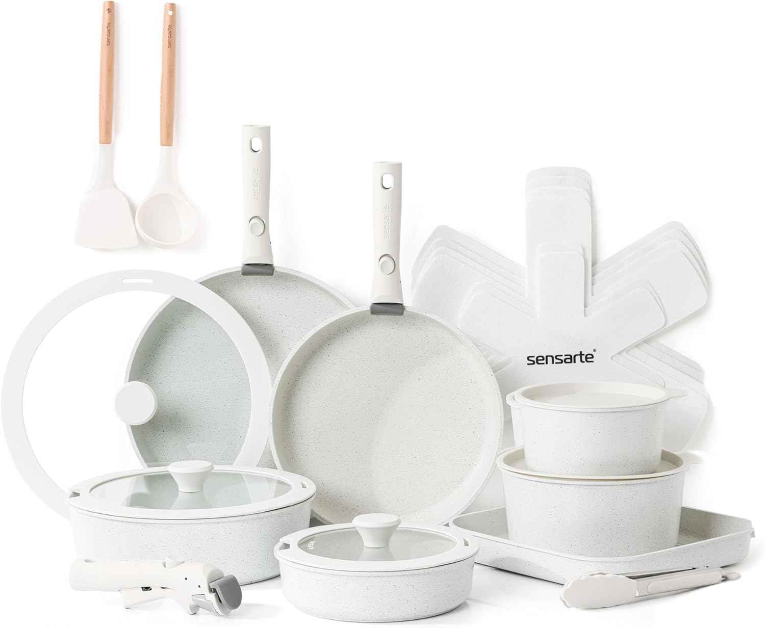 SENSARTE 24 Piece Pots and Pans Set, Nonstick Detachable Handle Cookware, Induction Kitchen Cookware Set with Removable Handle, Healthy Non Stick for RV, Dishwasher ＆ Oven Safe (White)