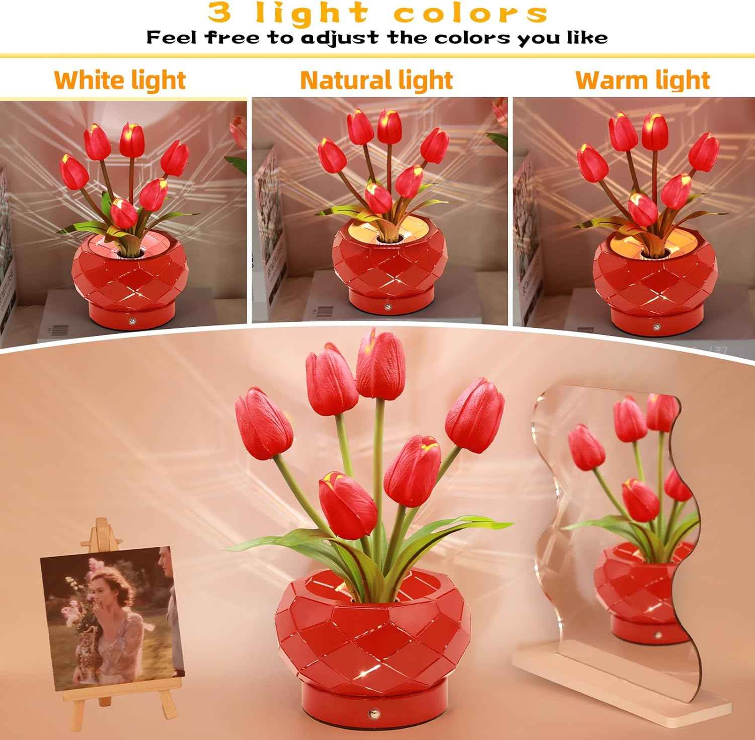 Birthday Gifts for Women,Tulips Flower Touch Lamp,Rechargeable Cordless Lamps 3-Colour Dimming Small Night Light for Festival,Restaurant,Bedroom,Office Home Decor Gifts for Mom | Gifts for Mom, Birthday Gifts for Women, Small Night Light, Rechargeable, Be