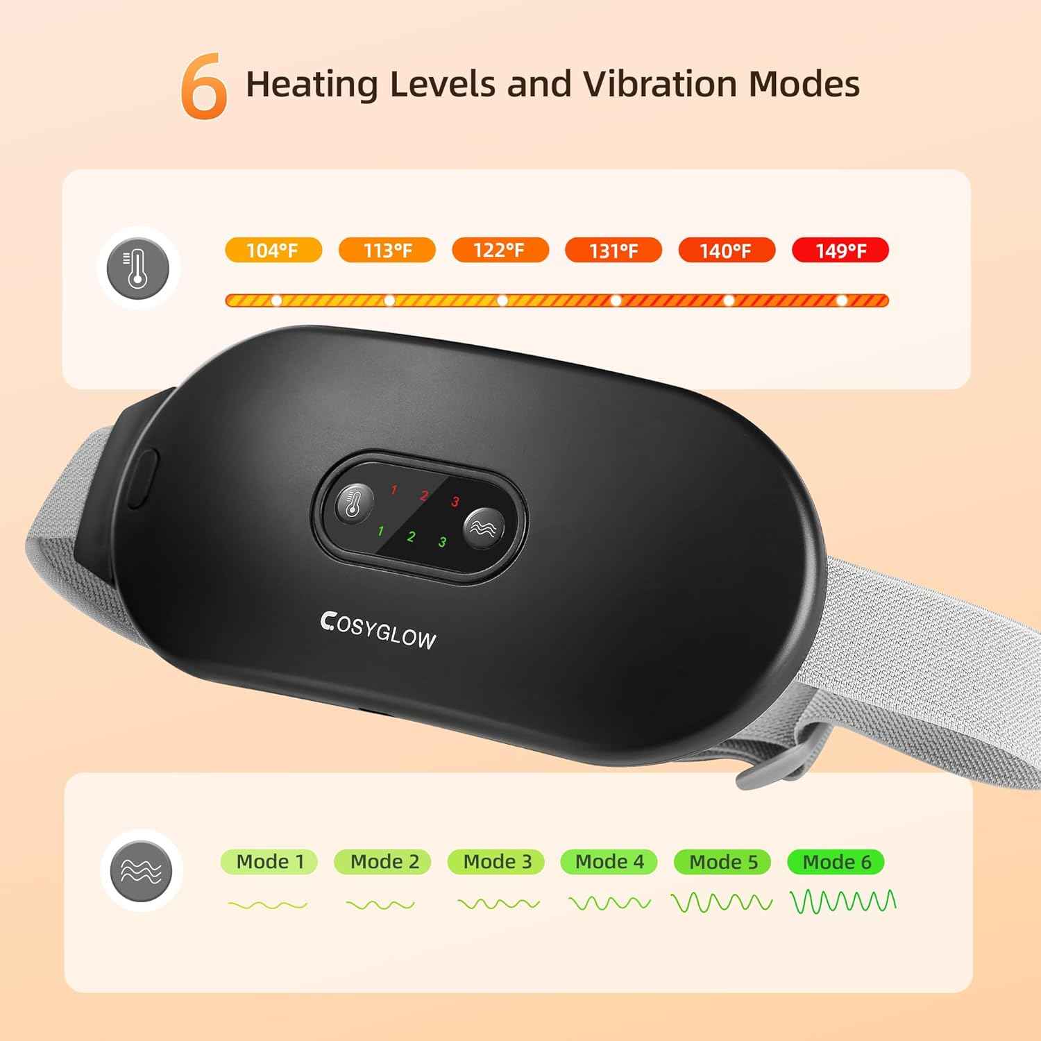 Portable Cordless Heating Pad Cramps:COSYGLOW 6 Heat Levels 6 Massage Modes, 3S Fast Heating,Period Menstrual Electric Heating Pad for Back Pain Relief,Gifts for Women and Girls(Black)