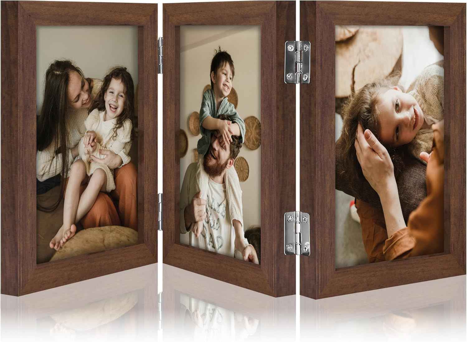 decorUhome Triple 4x6 Picture Frame Vertical, Engineered Wood Trifold Photo Frame with Plexiglass for Tabletop Display, 4x6, Black