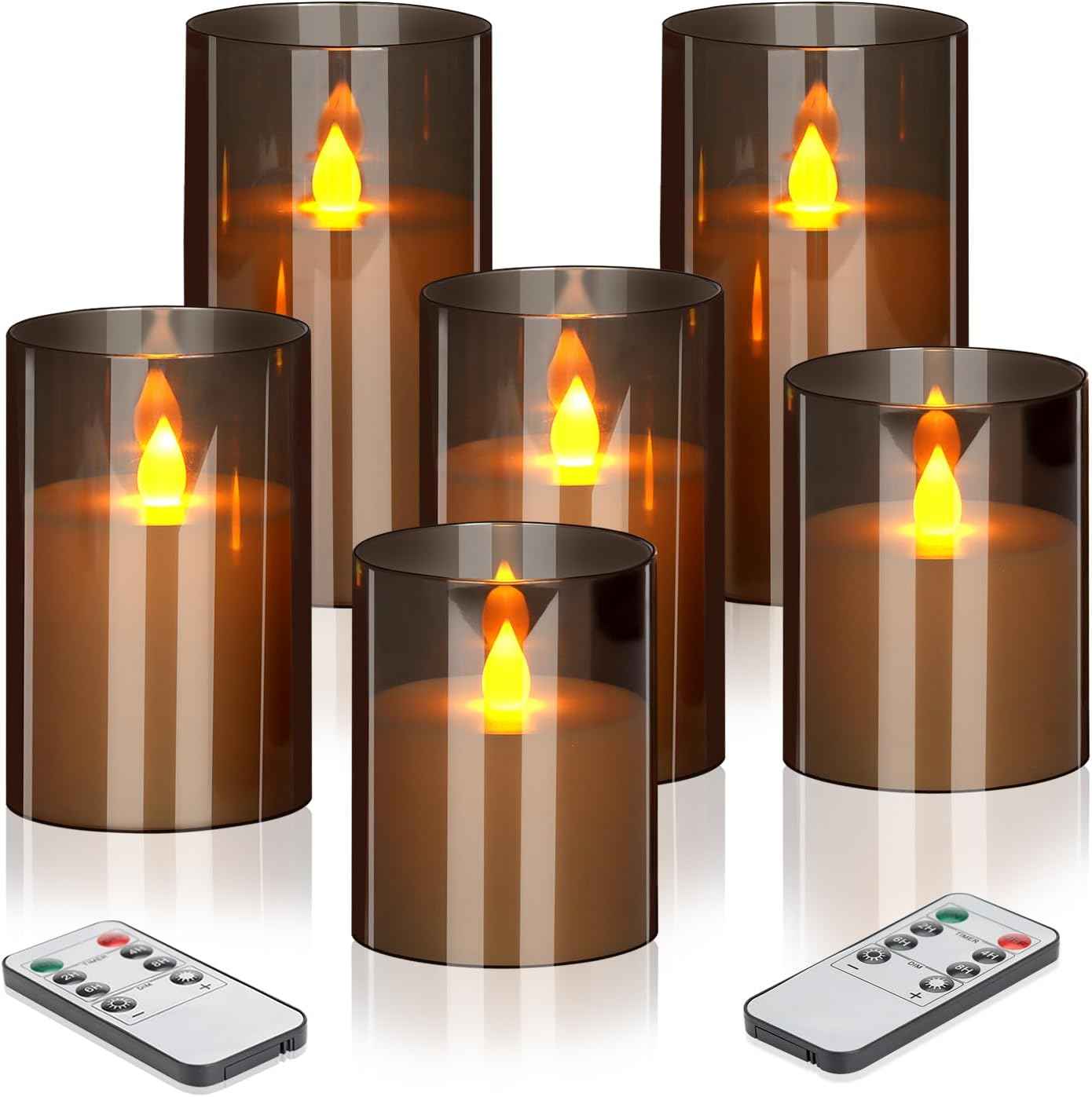 Flameless Candles 4" 5" 6" Set of 3 Acrylic Glass Pillars 3" Diameter Battery Operated Flickering Candles Include 10-Key Remote with Timer Function 400+ Hours (Gray, Warm Light 3 Pack)