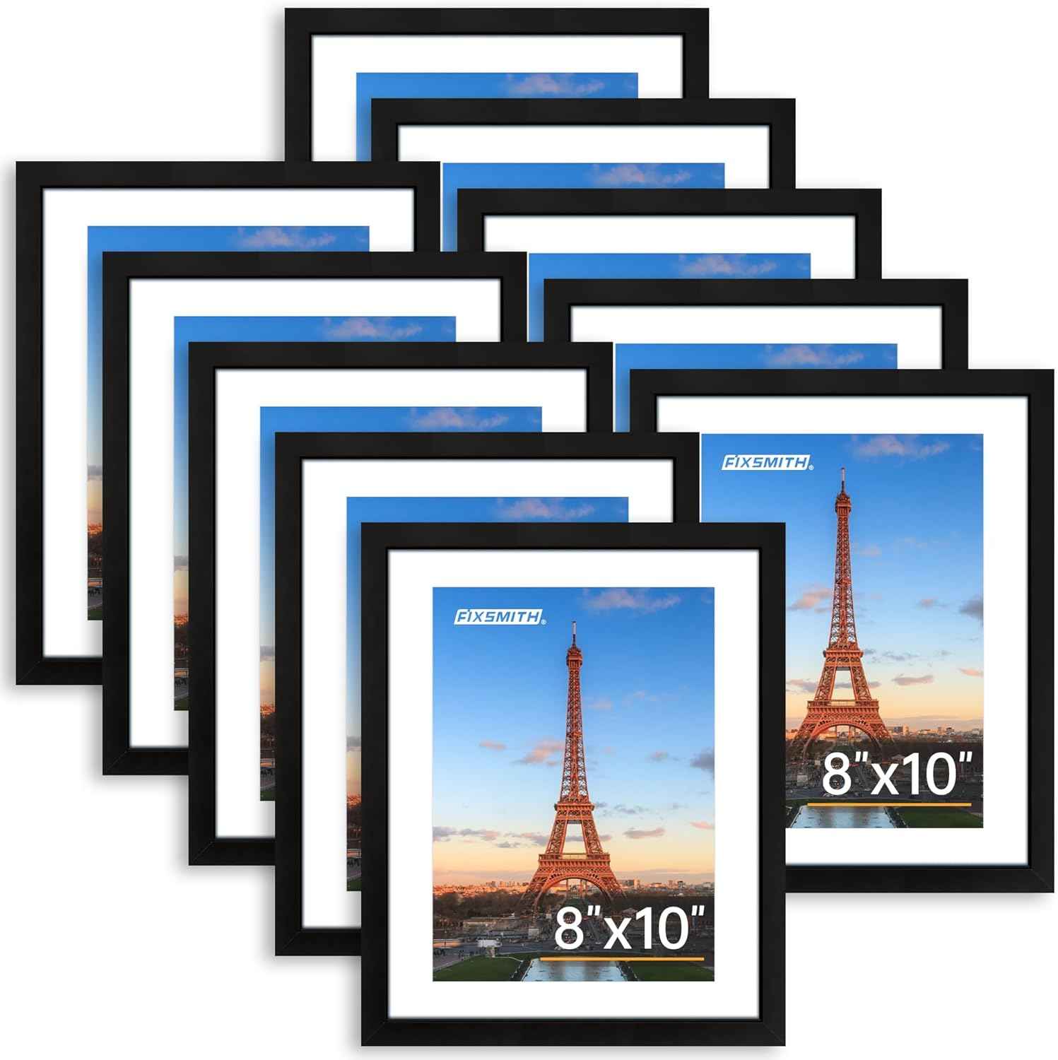FIXSMITH 8x10 Picture Frame Set of 2, Photo Frame with HD Plexiglass, Display Pictures 5x7 with Mat or 8x10 Without Mat Multi Picture Frames Collage for Tabletop or Wall Display, Black