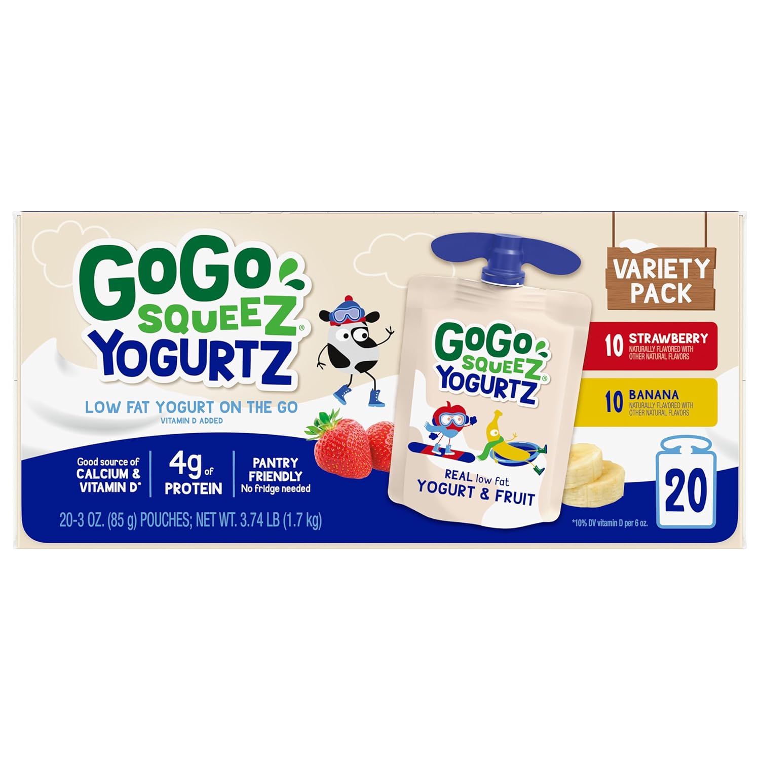gogo squeeZ yogurtZ variety pack, strawberry & banana, 3oz, pack of 20, kids snacks, gluten free, nut free, recloseable cap, bpa free pouches
