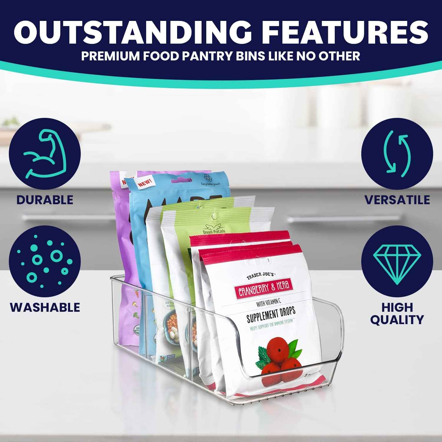 ELTOW 4-Pack Snack Organizer, 3-Compartment Plastic Bins with Removable Dividers, Chip & Food Storage for Pantry, Spices, Fridge, and Cabinet
