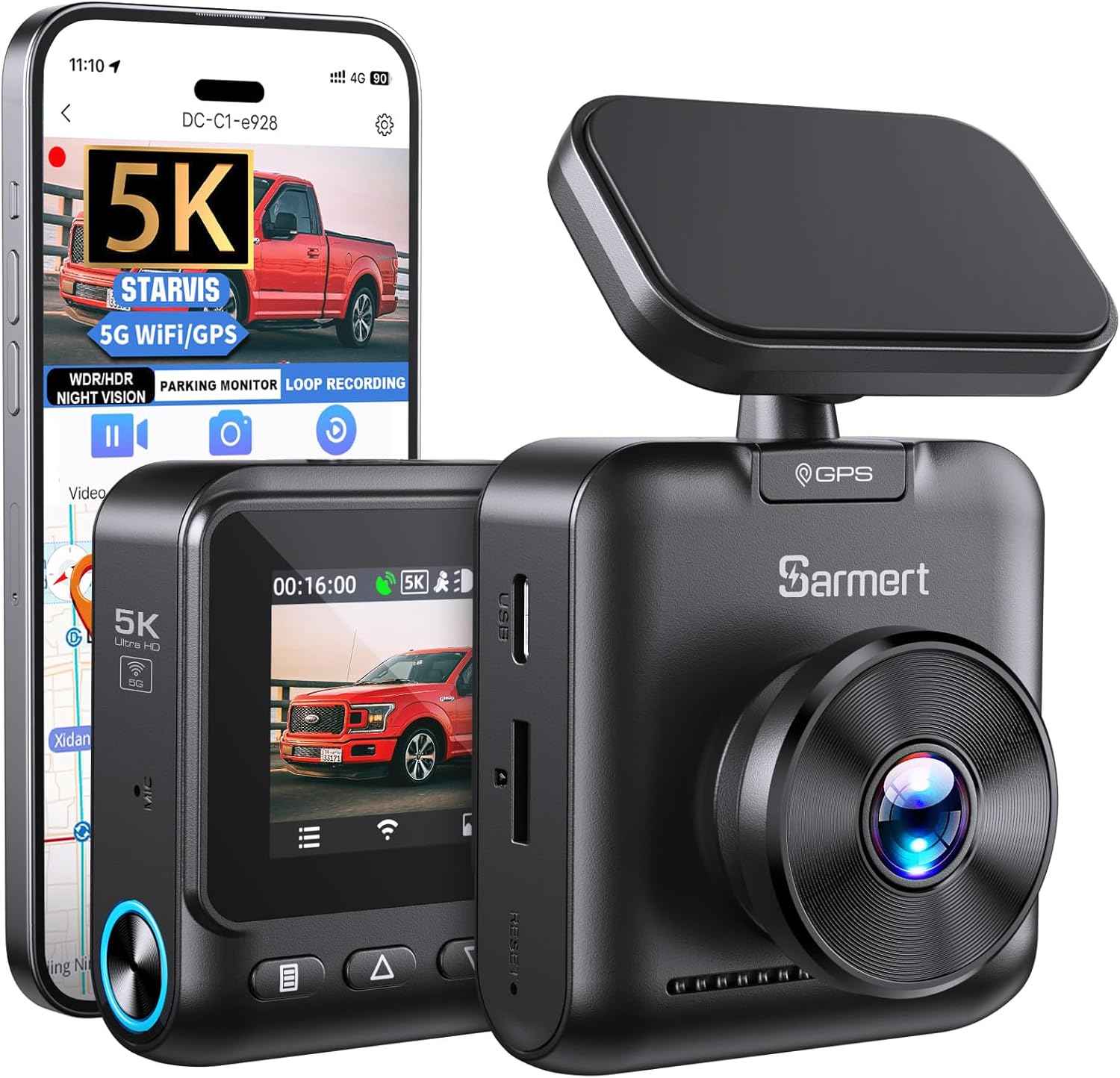 Sarmert C2 4K Dual Dash Cam Front and Rear - Built-in GPS and 5G WiFi, Free 64GB Card Included, 4K UHD Dash Camera for Cars, Night Vision, WDR, Loop Recording, App Control, 24H Parking Mode