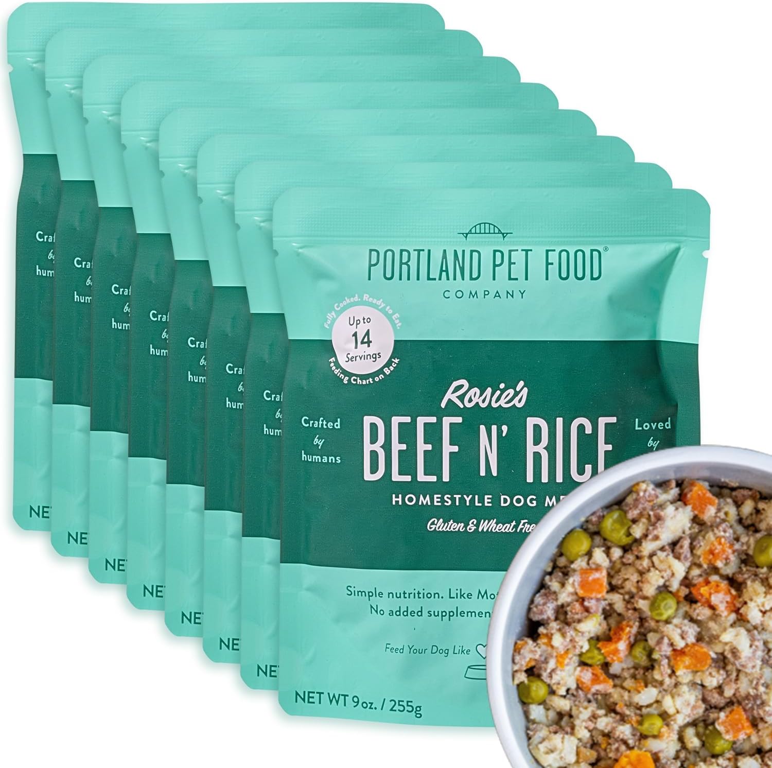 portland pet food company fresh dog food pouches human-grade toppers wet pet meal & mixers for small & large breed puppies & senior dogs gluten-free limited ingredient rosie's beef n' rice 8 pack