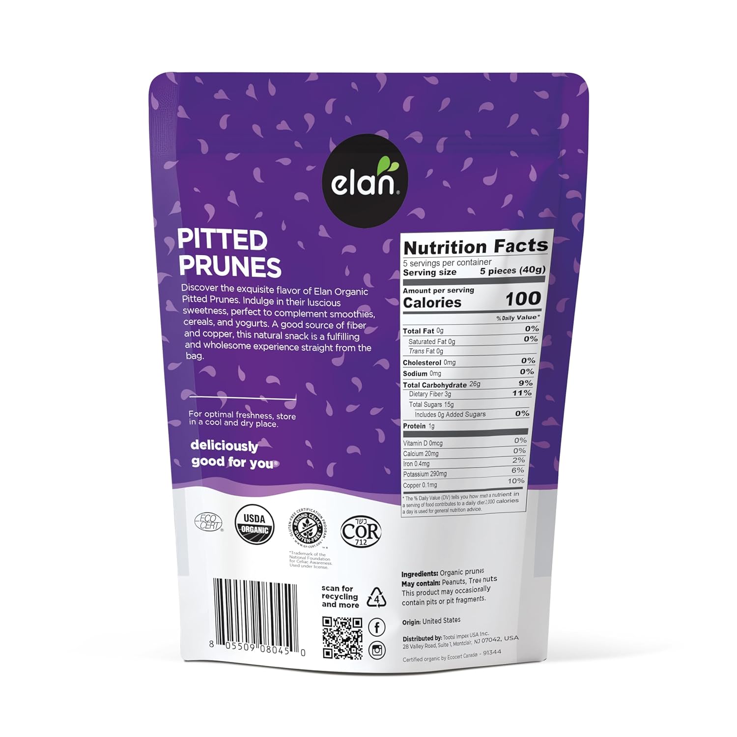 elan organic pitted prunes, 7.9 oz, naturally sweet, dried fruit, healthy snack, no sugar added, non-gmo