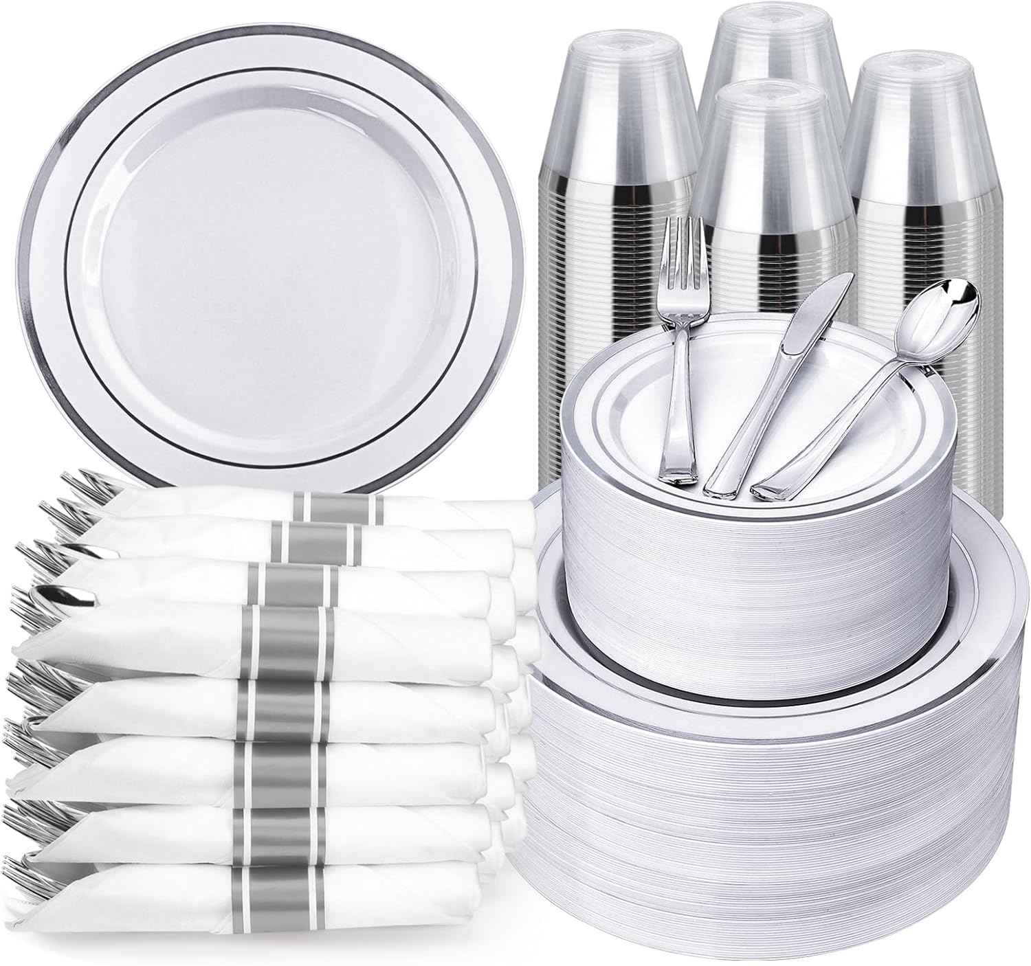 BESTVIP 700PCS Gold Plastic Dinnerware Set for 100 Guests, Disposable Plates for Party, Include: 200 Plastic Plates, 100 Pre Rolled Napkins with Gold Silverware, 100 Cups for Christmas, Halloween