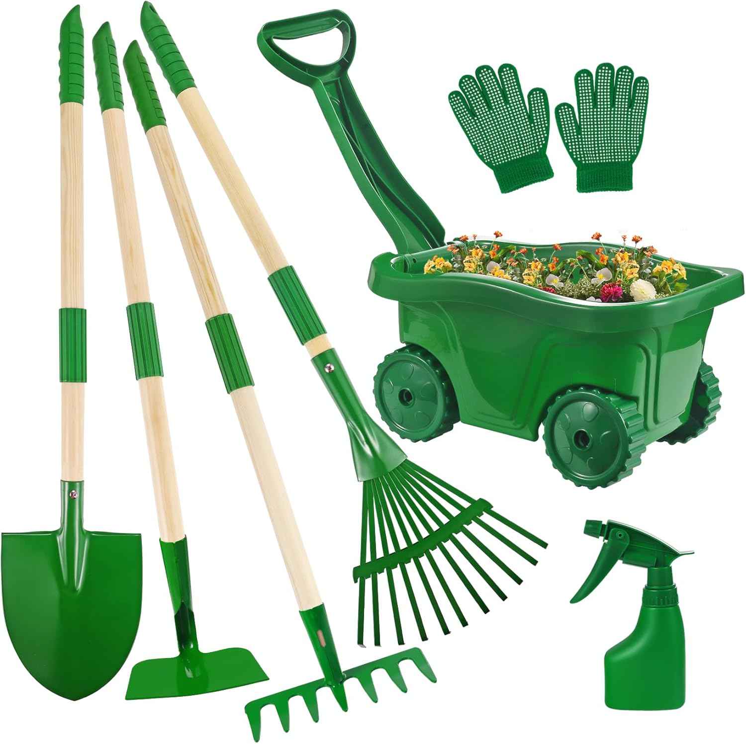 Duckura Kids Gardening Tools Set - 7pcs Wheelbarrow Set for Kids with Shovel, Rake, Leaf Rake, Summer Outdoor Yard Digging Weed Birthday Gifts Toys, Valentine's for Boys Girls Age 2 3+ Years(Green)