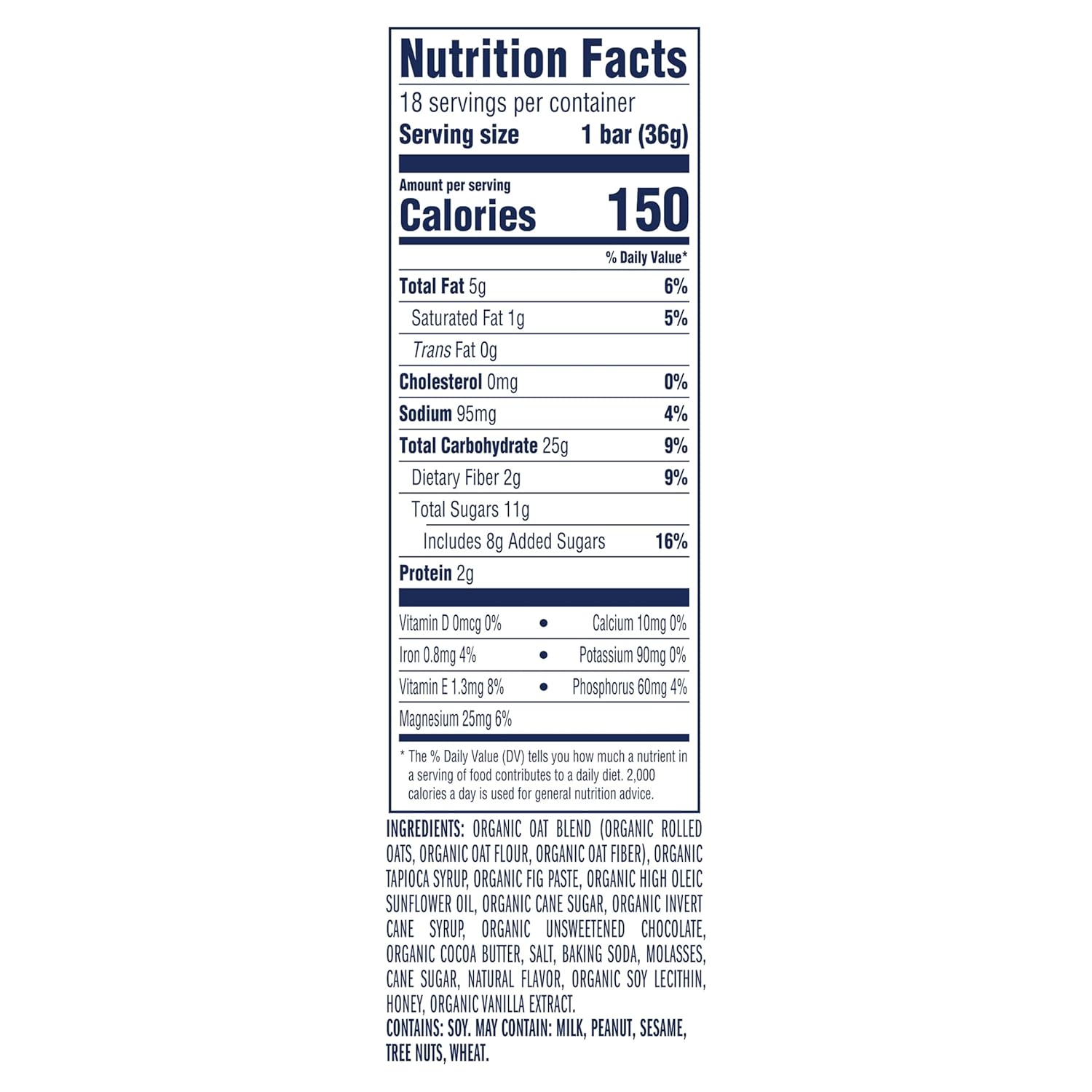non-gmo usda organic chocolate chip soft-baked granola bars 18-pack 12g whole grains
