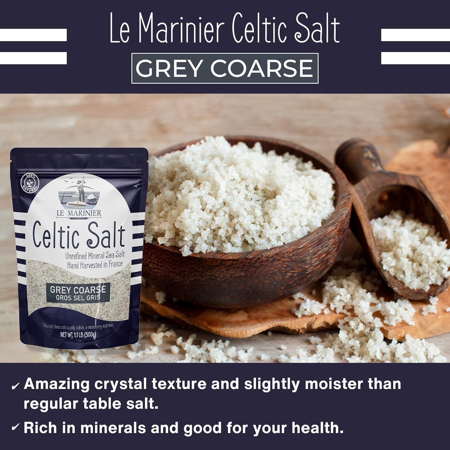 le marinier celtic salt organic grey coarse 1.1lb french sea salt 100% natural unrefined mineral rich