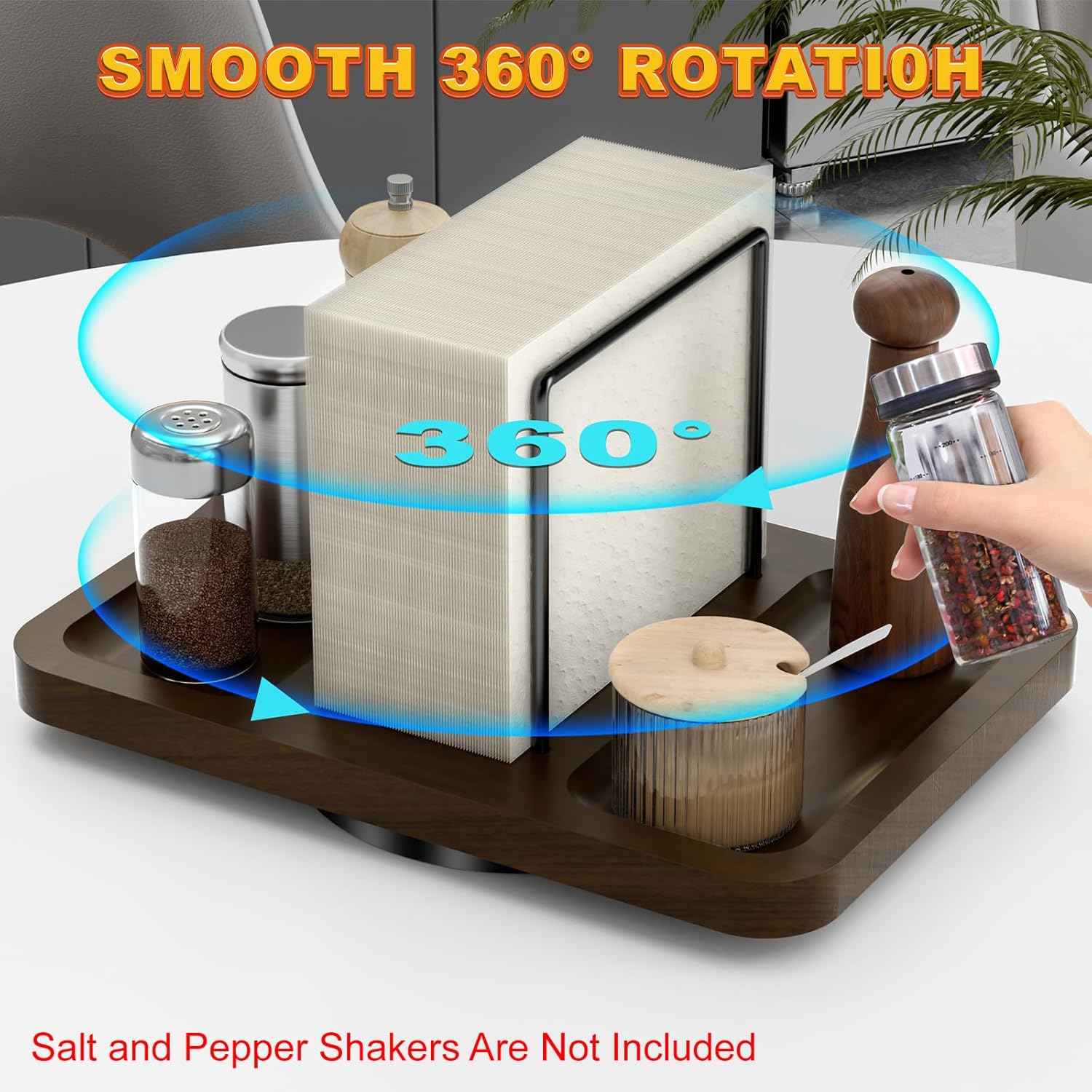 Napkin Holder for Table, Rotating Metal Napkin Dispenser with Salt and Pepper Shakers Caddy Standing Paper Towel Holder for Bathroom Kitchen Dining Table Decor Not Including Shakers