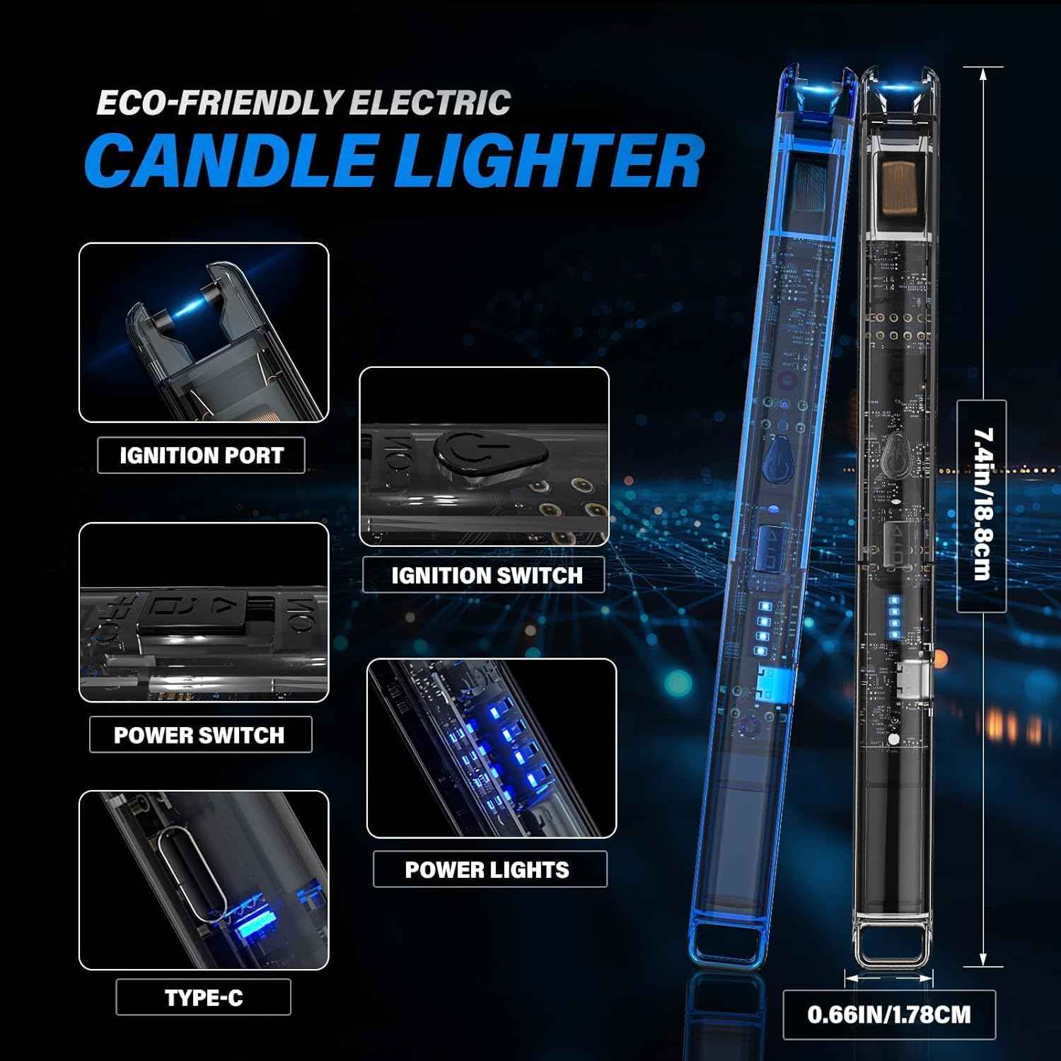 KTEBO 2 Pack Electric Candle Lighters - Rechargeable USB-C Arc Lighters with LED Display & Transparent See-Through Tech Design, Windproof Long Lighter for Candles,BBQ,Camping,Stoves,Stocking Stuffers