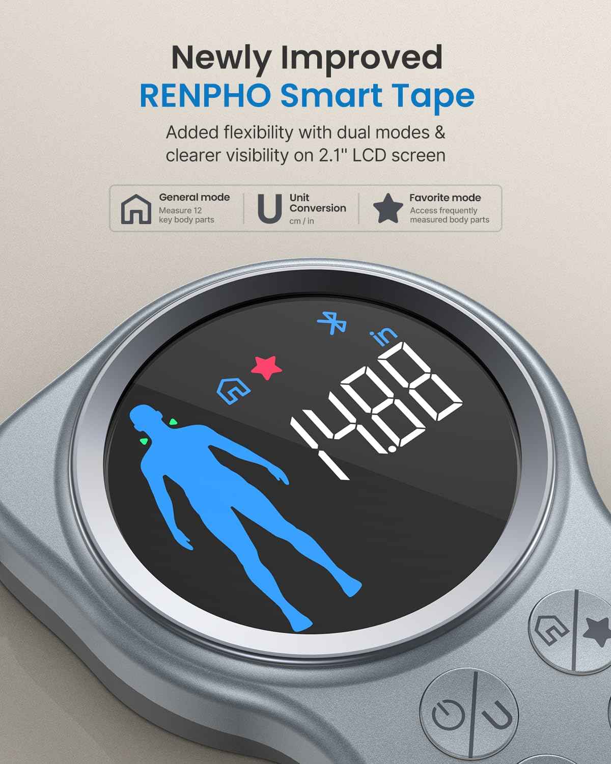 RENPHO Smart Tape Measure with Large Display, Bluetooth Body Measuring Tape with App for Weight Loss, Fitness Shape, Measure Circumference Length