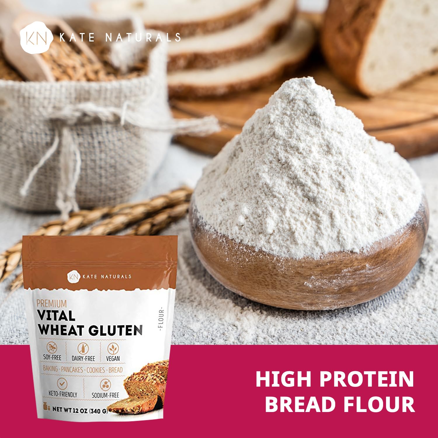 Kate Naturals Vital Wheat Gluten, 12oz, High Protein Flour for Bread, Seitan, and Keto Baking