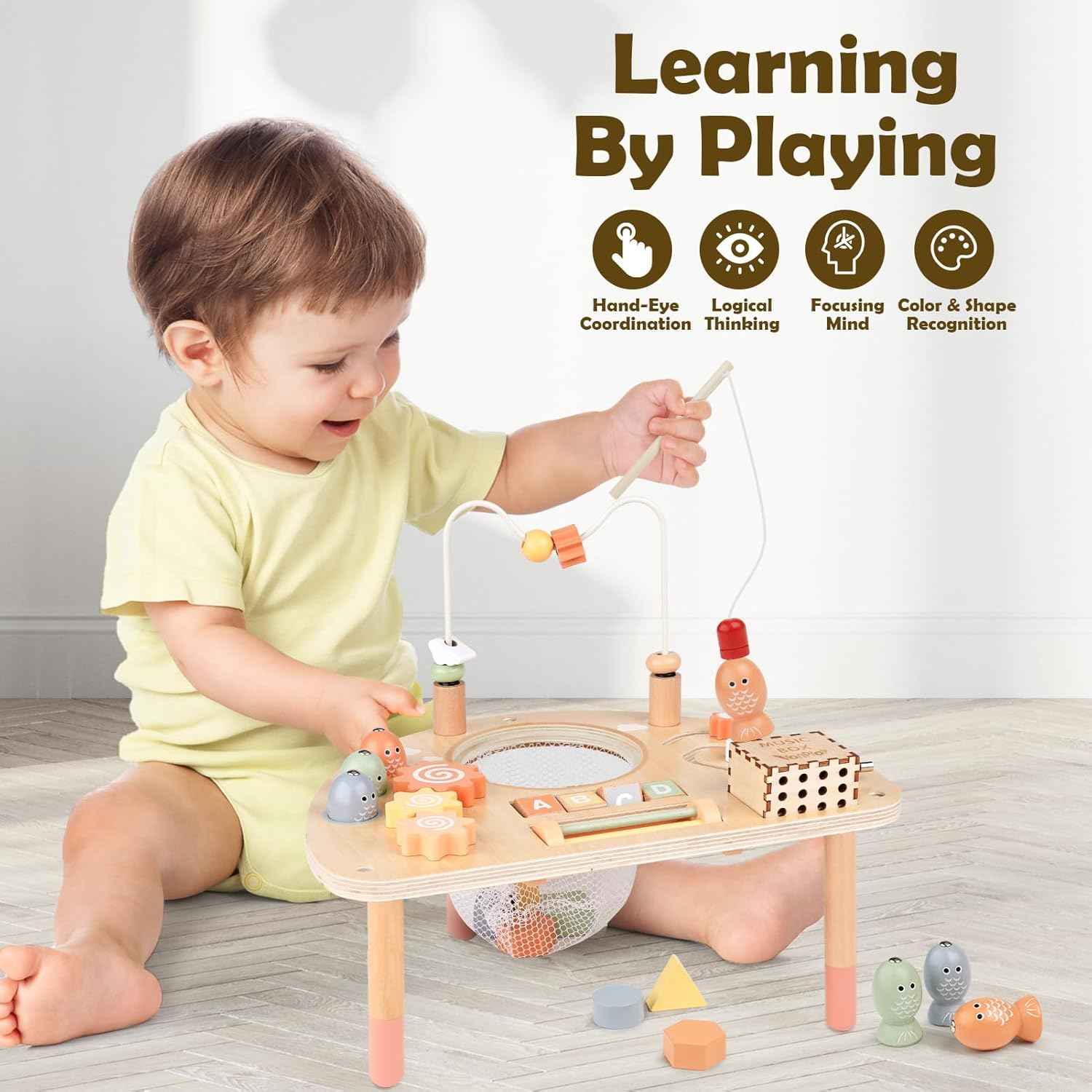 Activity Table for 1 Year Old, Montessori Toys for 1 2 Year Old Girls Boy Gifts, 8 in 1 Wooden Sensory Play Table for Toddler 1-3, Learning Toys for Baby 12-18 Months 1st Christmas Birthday Gifts