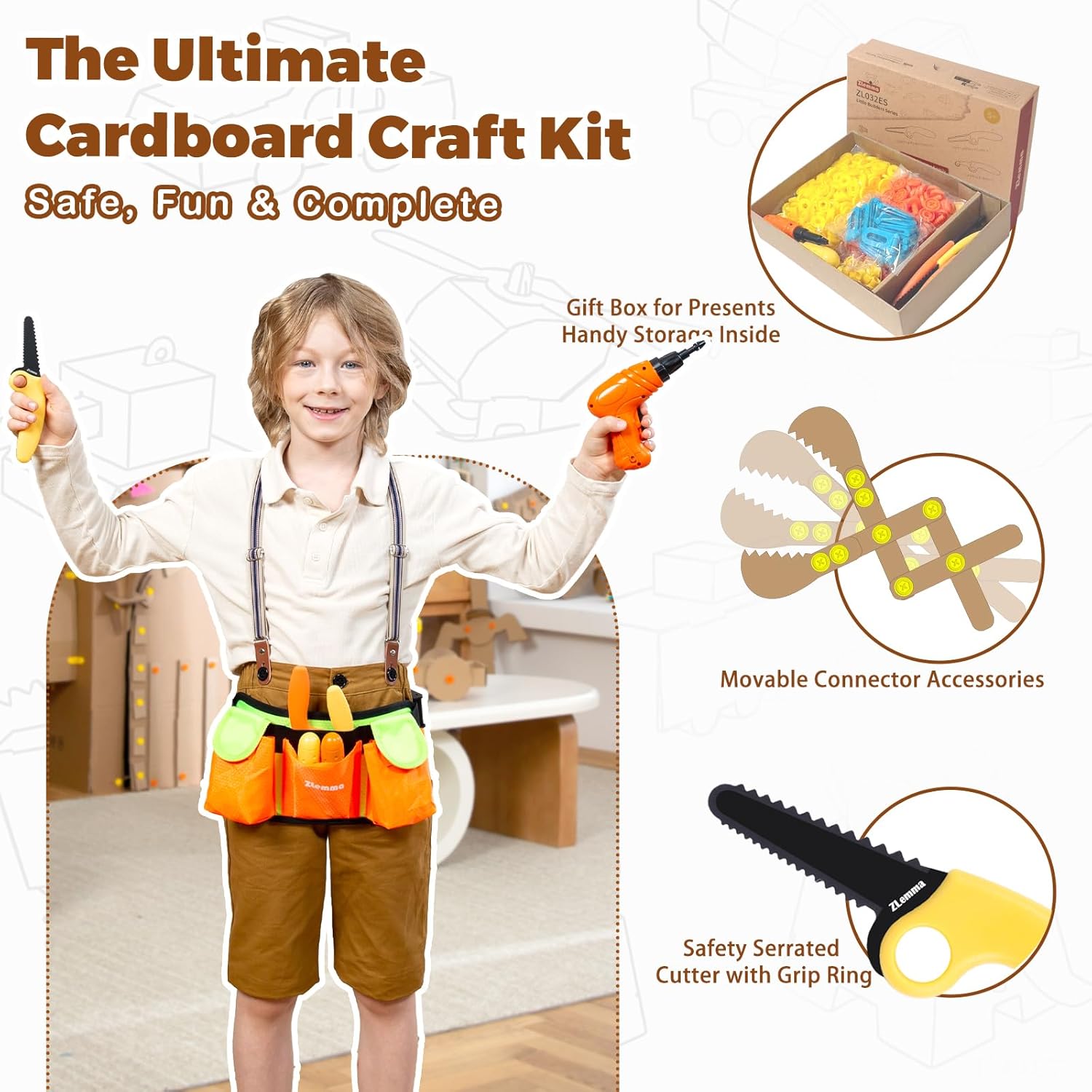 Cardboard Construction Kit - 401 PCS Kids Building Set with Safe Serrated Cutter, Crease Roller, Screws & Nuts, STEM Upcycled Tool for DIY Cardboard Projects, Engineering & Creativity