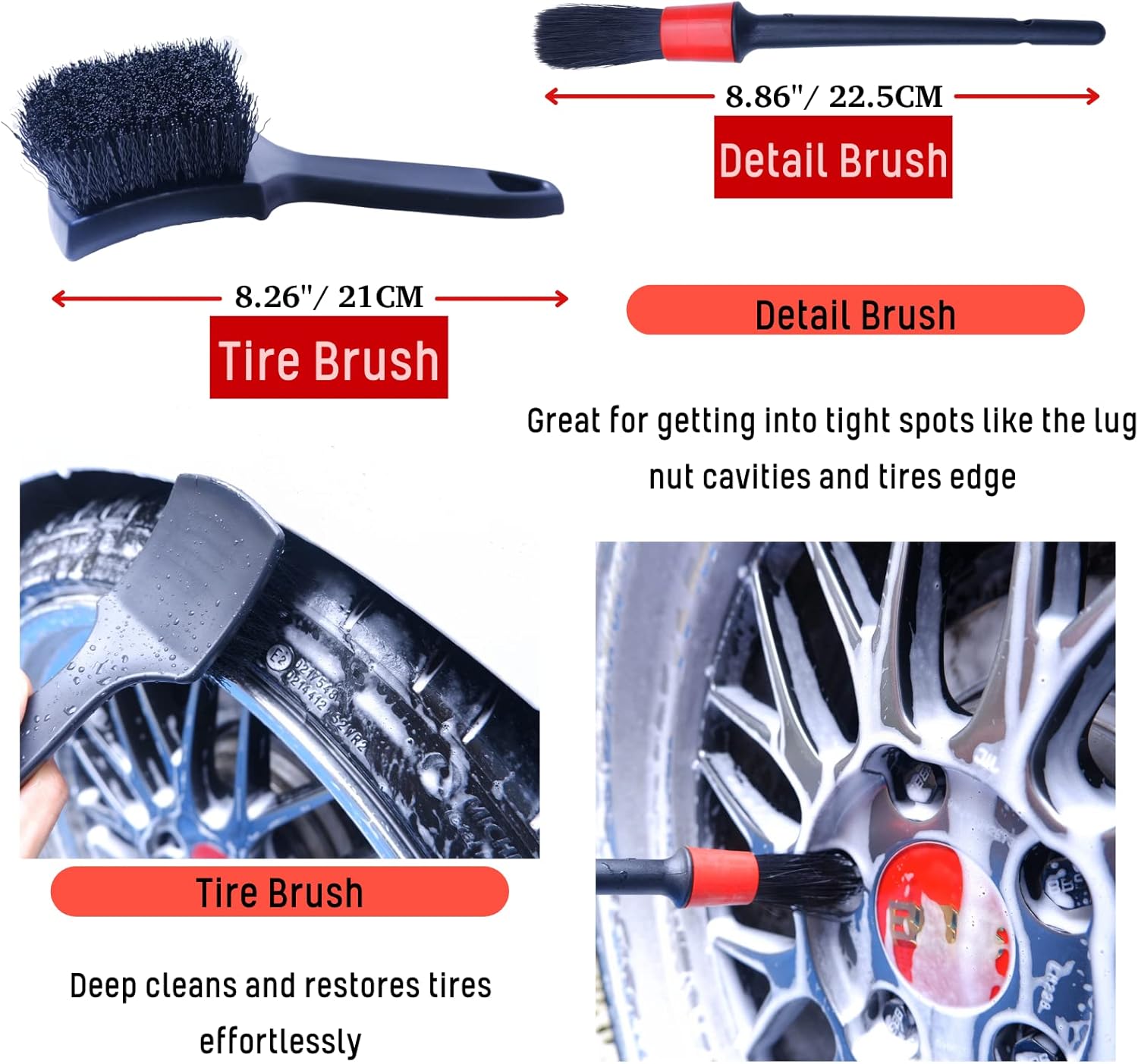 4-pack long handle wheel brush kit for cleaning wheel and tire with soft and stiff brushes