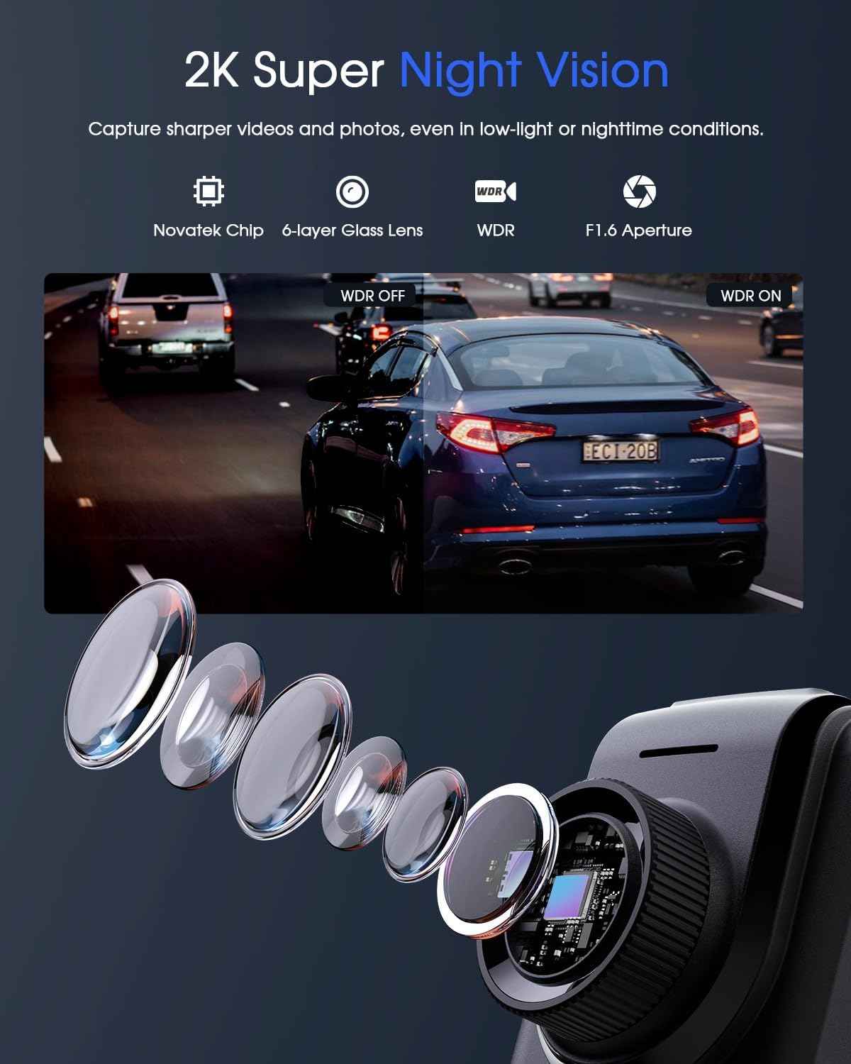 Dash Cam 2K, WiFi Dashcams with APP, External GPS, 1.5'' IPS Screen, Front Dash Camera for Cars, Mini Car Camera, WDR Night Vision, 24H Parking Monitor, Loop Recording, G-Sensor