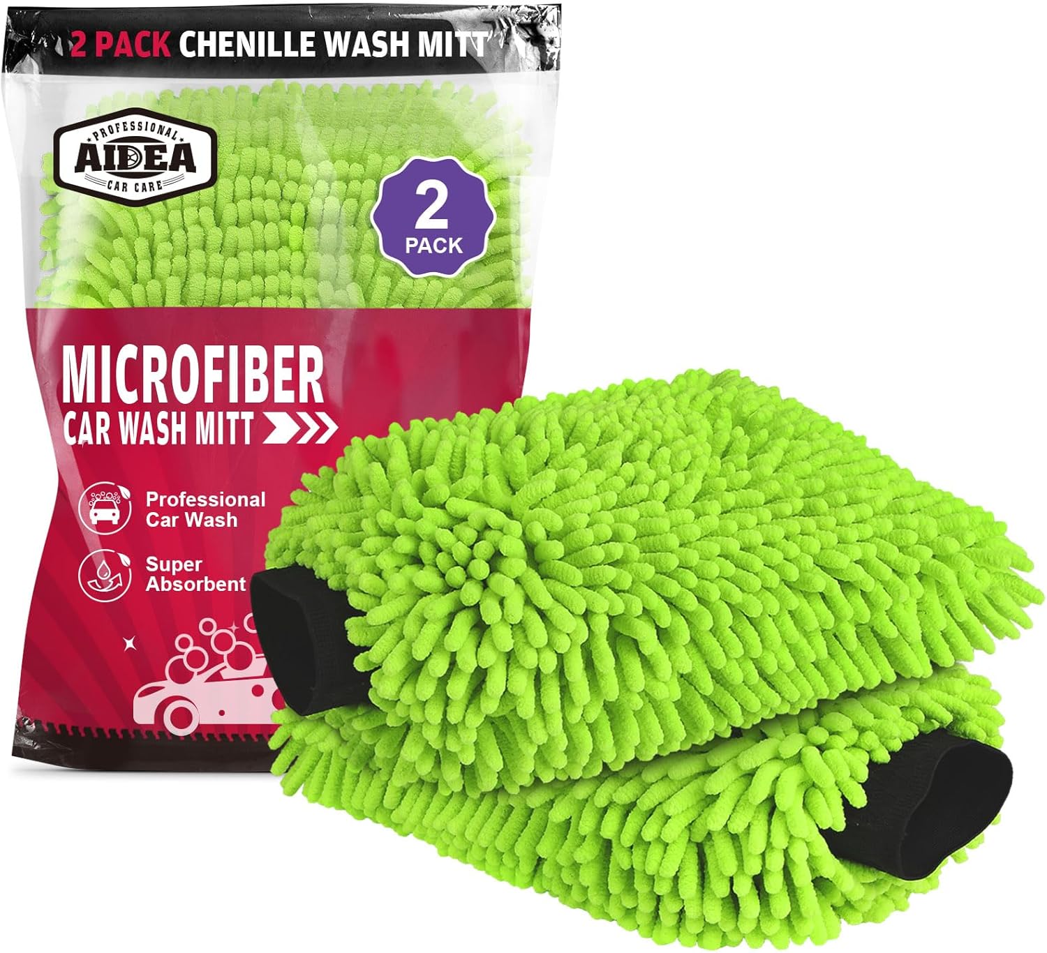 AIDEA 2PK Premium Chenille Microfiber Car Wash Mitts, Green, 7.12''x10.14''