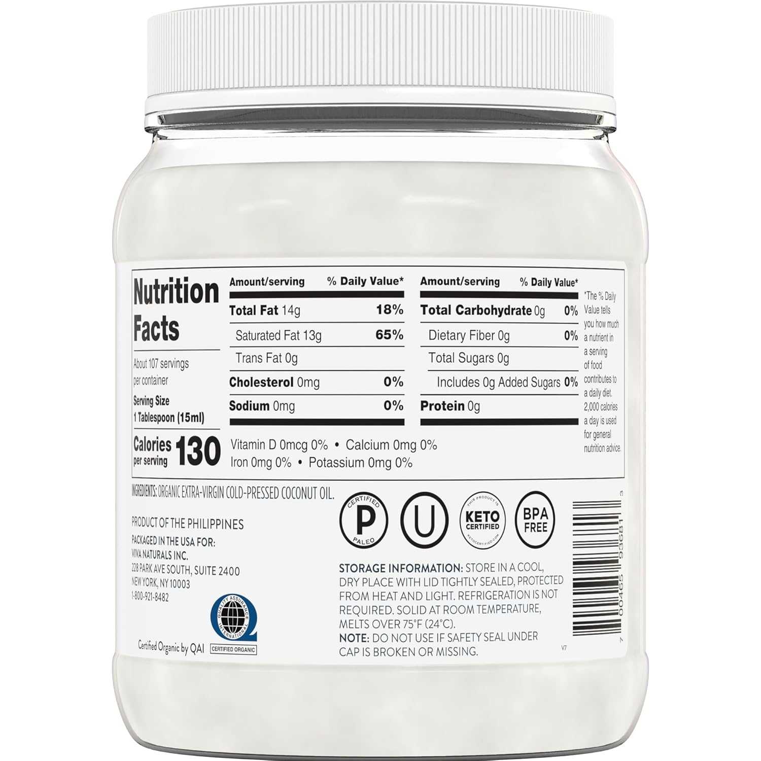 viva naturals 54 fl oz unrefined cold-pressed extra virgin coconut oil