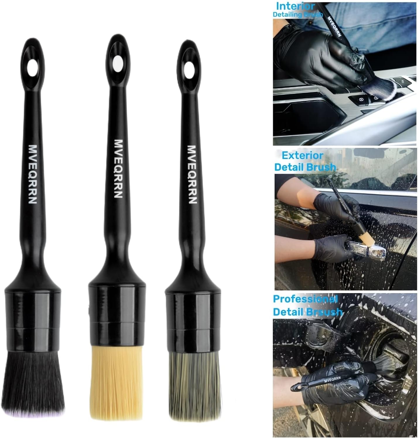 6pcs car detailing brush set with boar's hair, ultra soft, and multi-color detailing brushes for interior and exterior cleaning