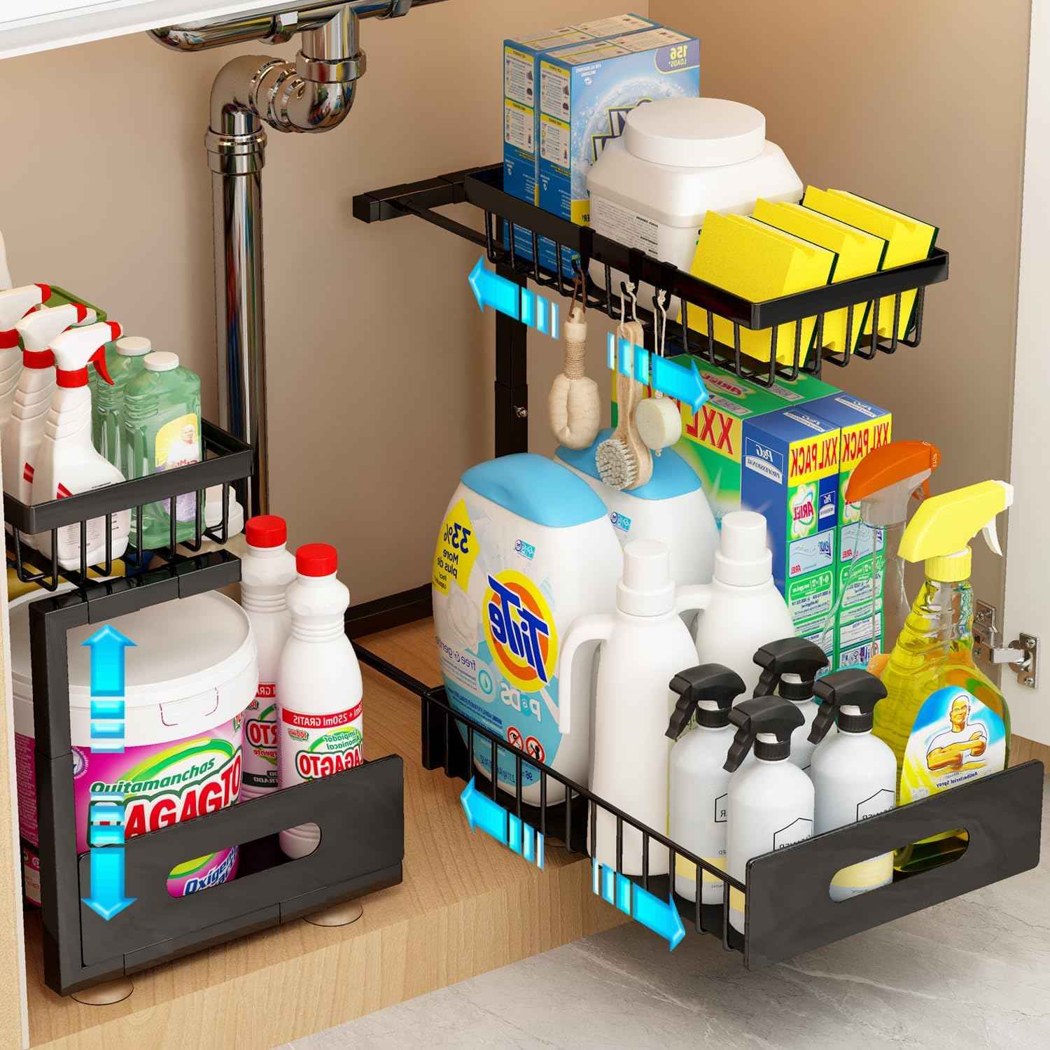 ADBIU Under Sink Organizer, 2 Pack 2 Tier Expandable Height (White, Large Size)