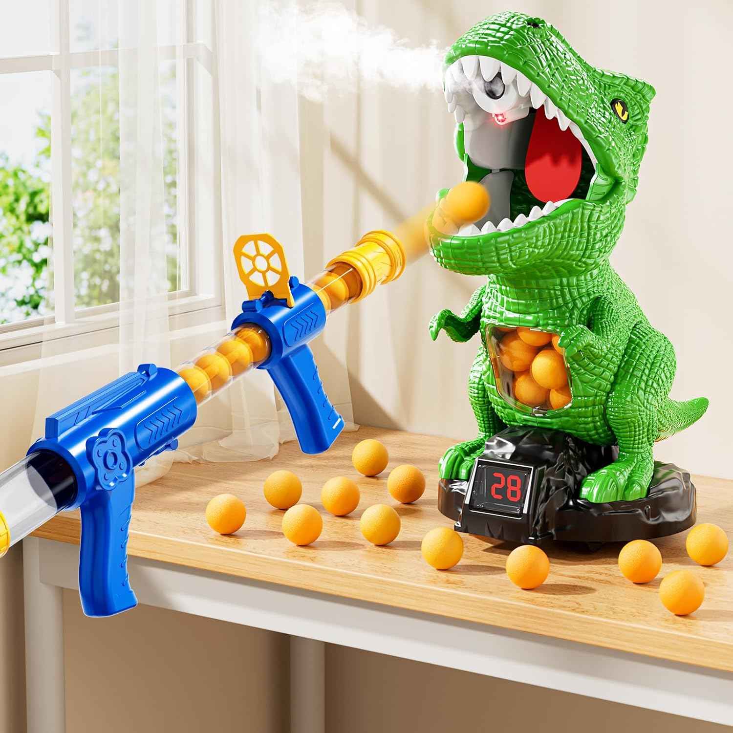 XINNOVEL Movable Dinosaur Shooting for Toys Kids 4-6, Electronic Kids Target Games with 2 Air Pump Guns, LCD Score Record, Sound, 48 Foam Balls, Birthday Gifts for 3 4 5 6 7 8 9 Year Old Boys Girls