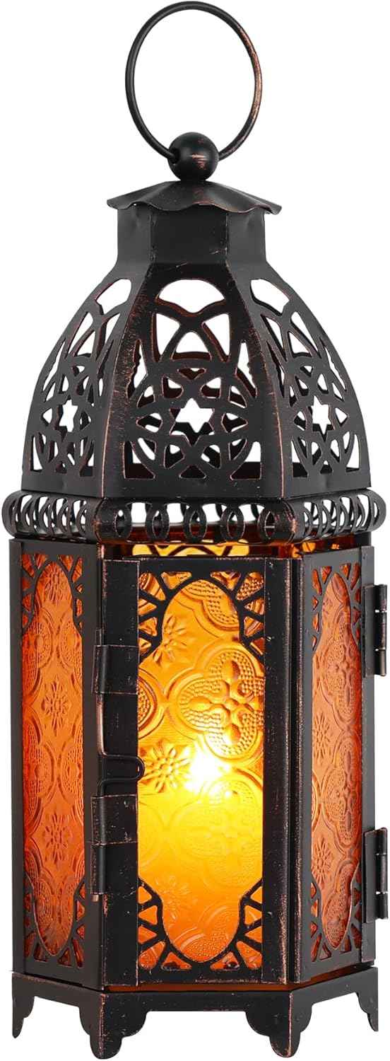 NEEDOMO 12.8'' Moroccan Lanterns Decorative Indoor & Outdoor, Vintage Christmas Candle Holder, Metal Lanterns Decorative, Table, Patio, Porch, Shelf, Christmas Spring Halloween Home Decor (Amber)