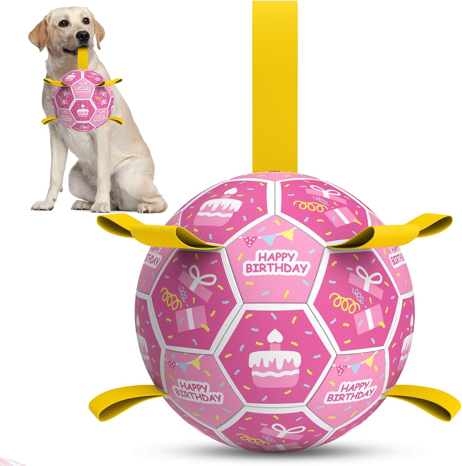 Qdan dog toys 6 inch world cup dog soccer ball with straps for small medium pet outdoor play