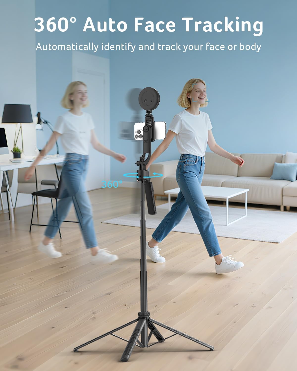 Acer Gadget Auto Face Tracking Tripod for iPhone/Cell Phone/Android/Camera with Light and Remote, 64", No App, 360°Rotating Tripod Selfie Stick for Tiktok YouTube Vlog Live Streaming Video Recording