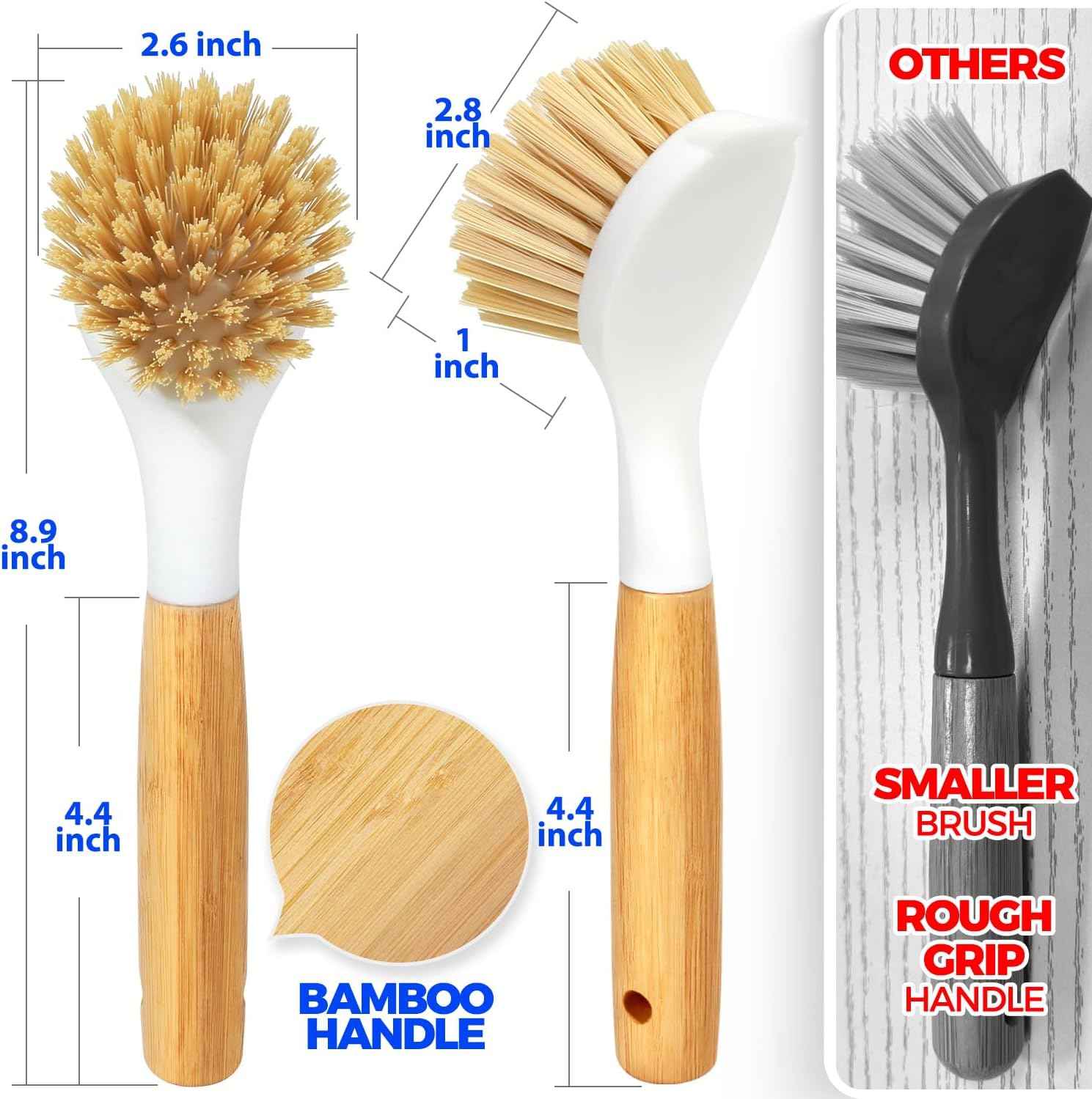 Holikme 3 Pack Dish Brush Set with Bamboo Handle, Kitchen Brushes for Cleaning Pot, Sink and Stove, Skillet Scrubber with Tough Bristles for Cast Iron Grill Pan, Yellow White Black