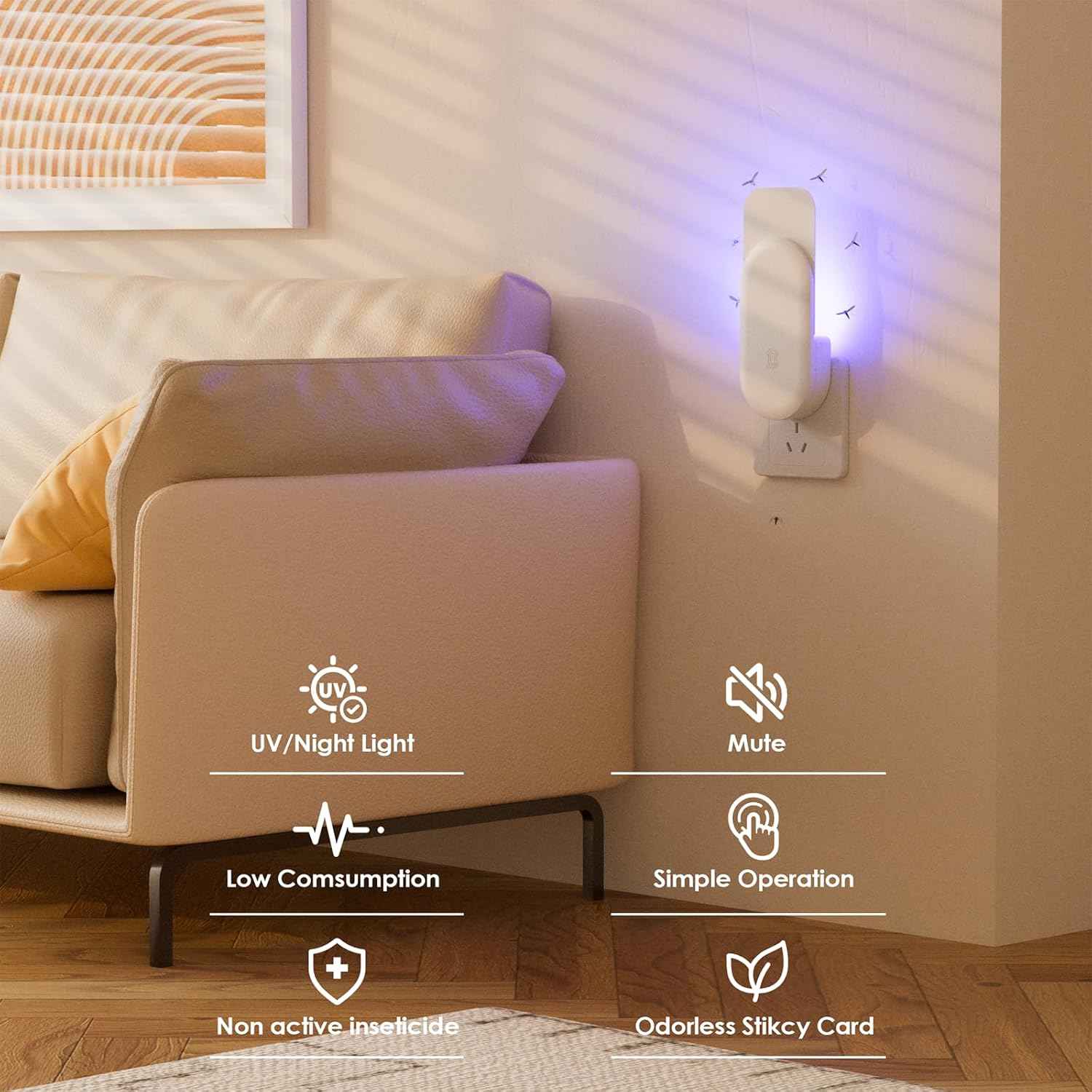Flying Insect Trap, 2 in 1 Indoor Plug-in Fruit Fly Trap, 1 Trap White and 6 Glue Cards, Fruit Fly Traps for Gnat, Moth, Mosquito, Suitable for Every Part of The Home