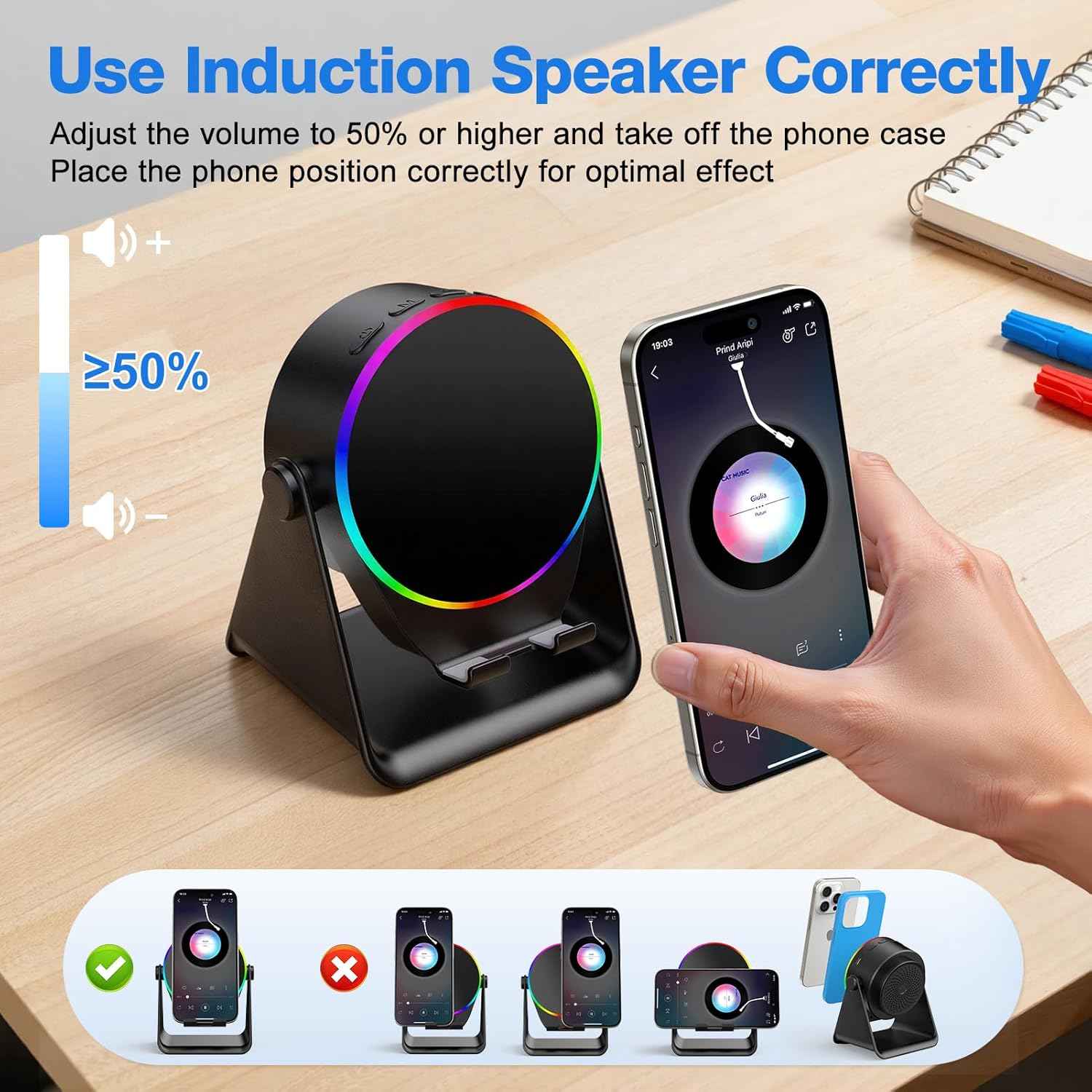 TARKARI Wireless Induction Speaker, 5 in 1 Bluetooth Speaker, 360° Rotation Cell Phone Stand with Colorful Ambient Light Compatible with iPhone iPad Android Tablet, Birthday Gifts for Women Men Him