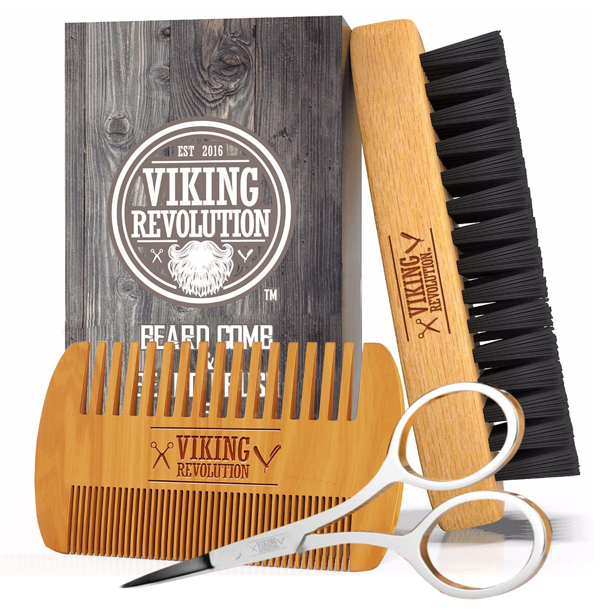 viking revolution natural boar bristle beard brush and pear wood comb set with velvet travel pouch