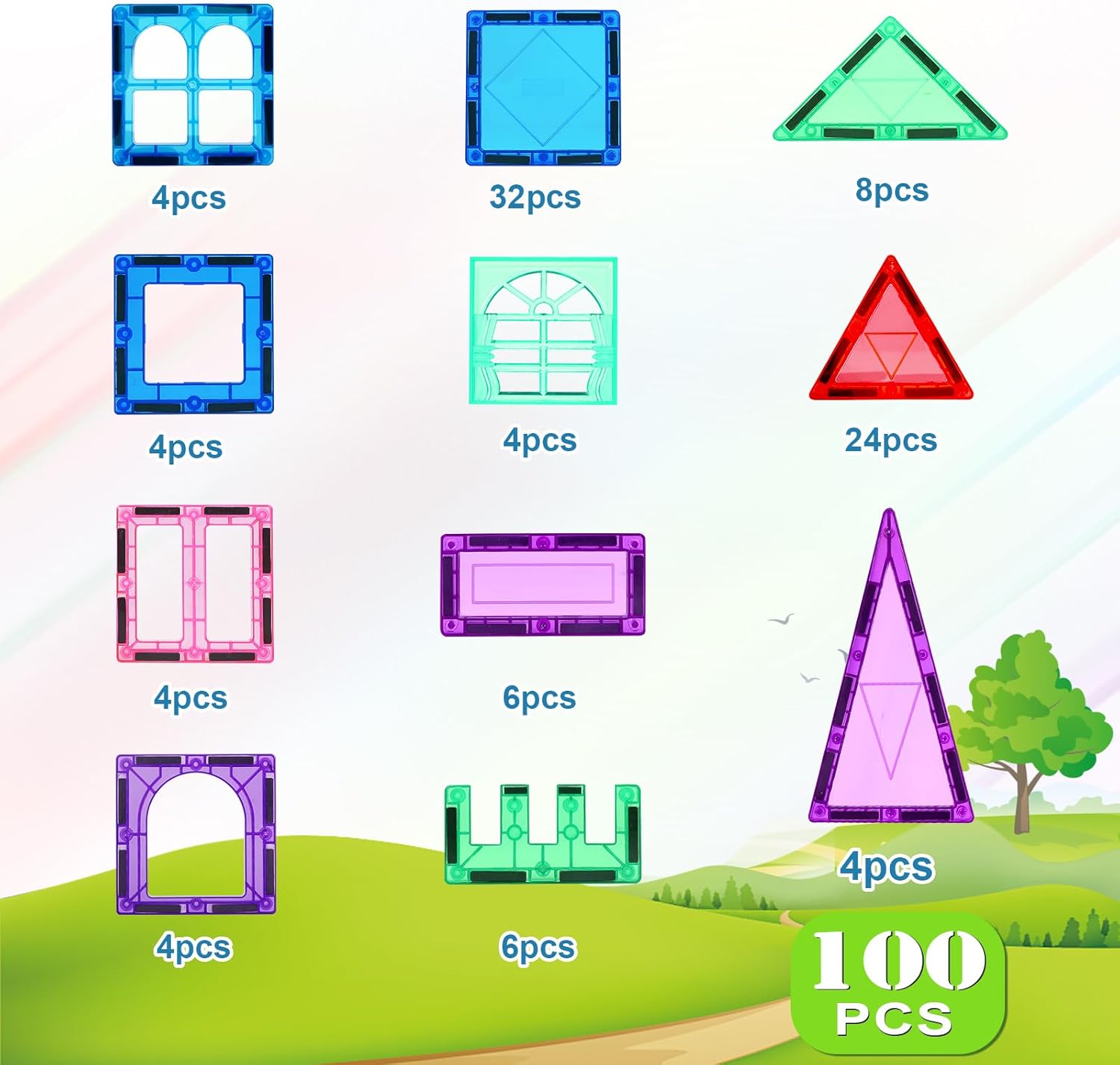 100PCS Magnetic Tiles Kids Toys - Magnetic Building Blocks STEM Magnet Building Set Preschool Learning Magnet Toys for Kids Ages 3-5 4-8, Sensory Montessori Toy for Toddlers 3+ Year Old Boys Girls