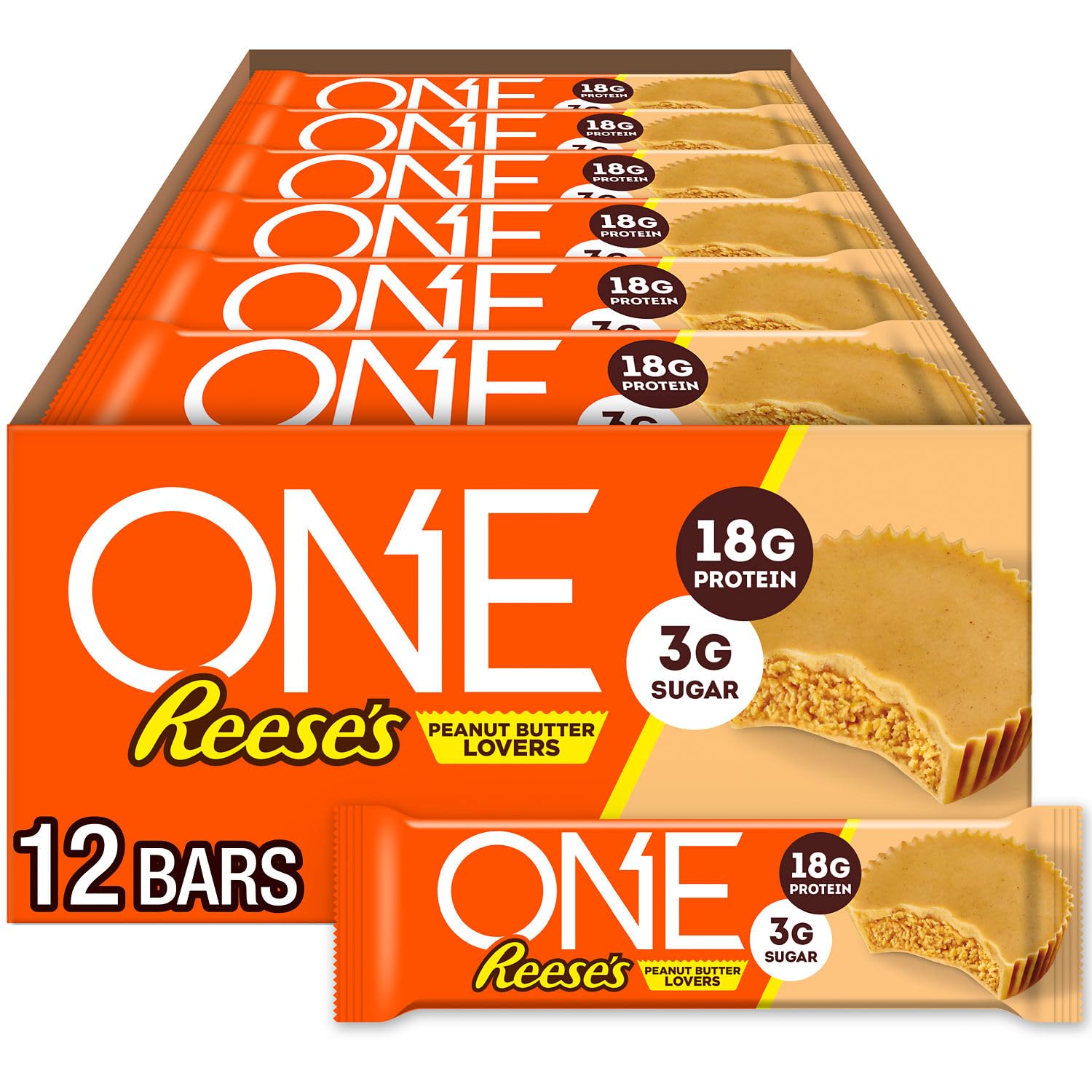 one protein bars reese's peanut butter lovers gluten free 18g protein 3g sugar 12 count