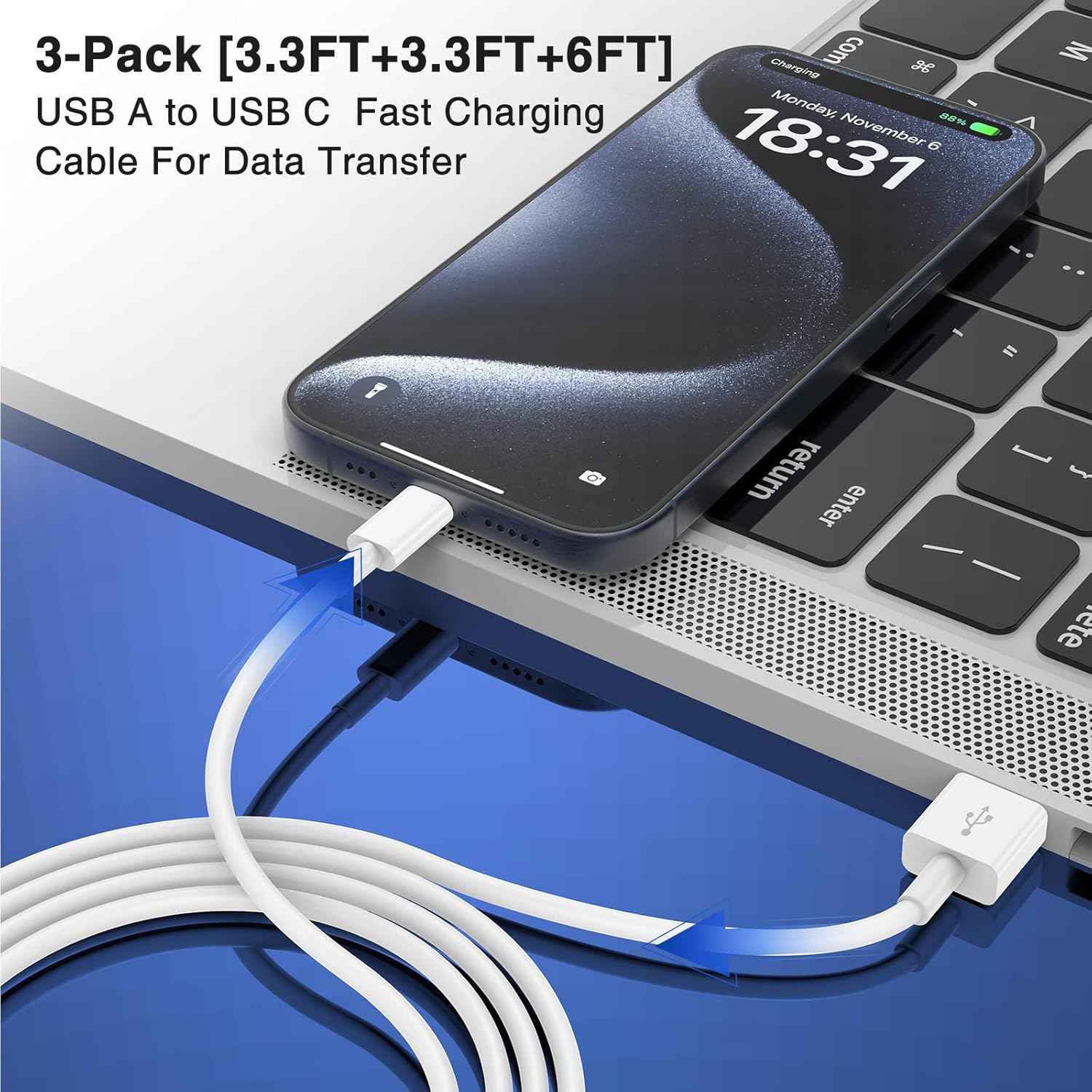 Car Carplay Cable for iPhone 17 16 15 Pro Plus Pro Max Air，3-Pack [3.3FT+3.3FT+6FT] USB A to USB C Cable for iPhone 17 16 15，for iPad Pro/Air/Mini，for Galaxy S25 S24，for MacBook Pro/Air and More