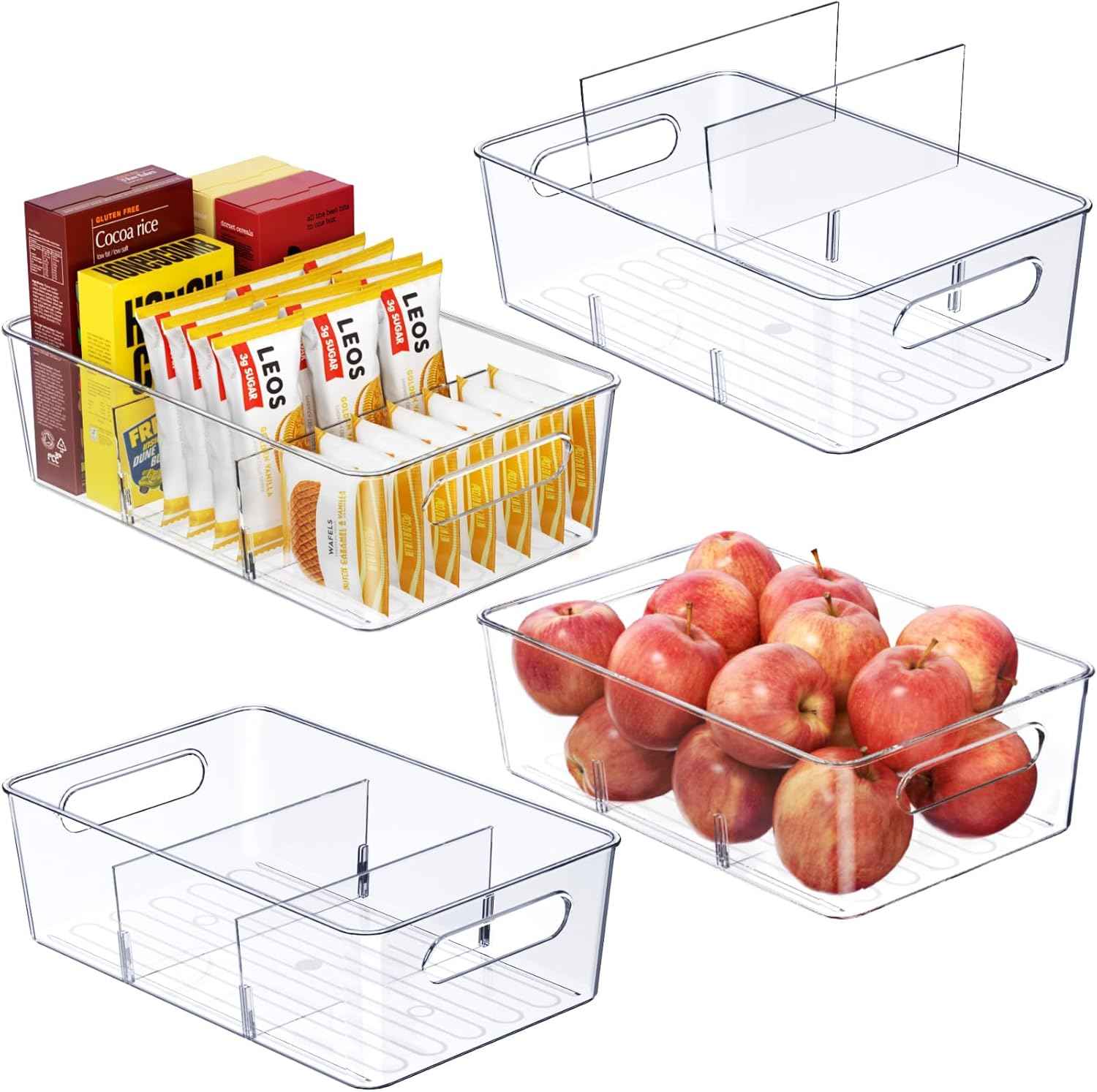6 Pack Pantry Organizers and Storage,Clear Plastic Containers with 2 Dividers for Kitchen,Fridge Organization and Storage,Acrylic Bins for Pounches,Spice Packet,Snack organzier