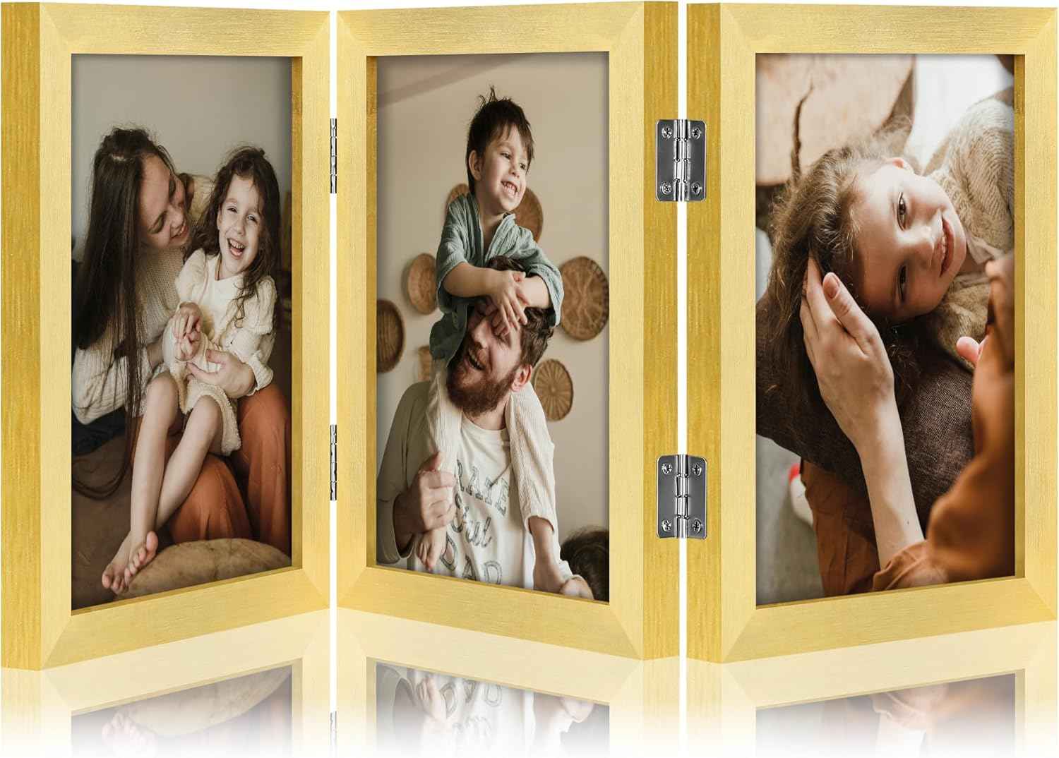 decorUhome Triple 4x6 Picture Frame Vertical, Engineered Wood Trifold Photo Frame with Plexiglass for Tabletop Display, 4x6, Black