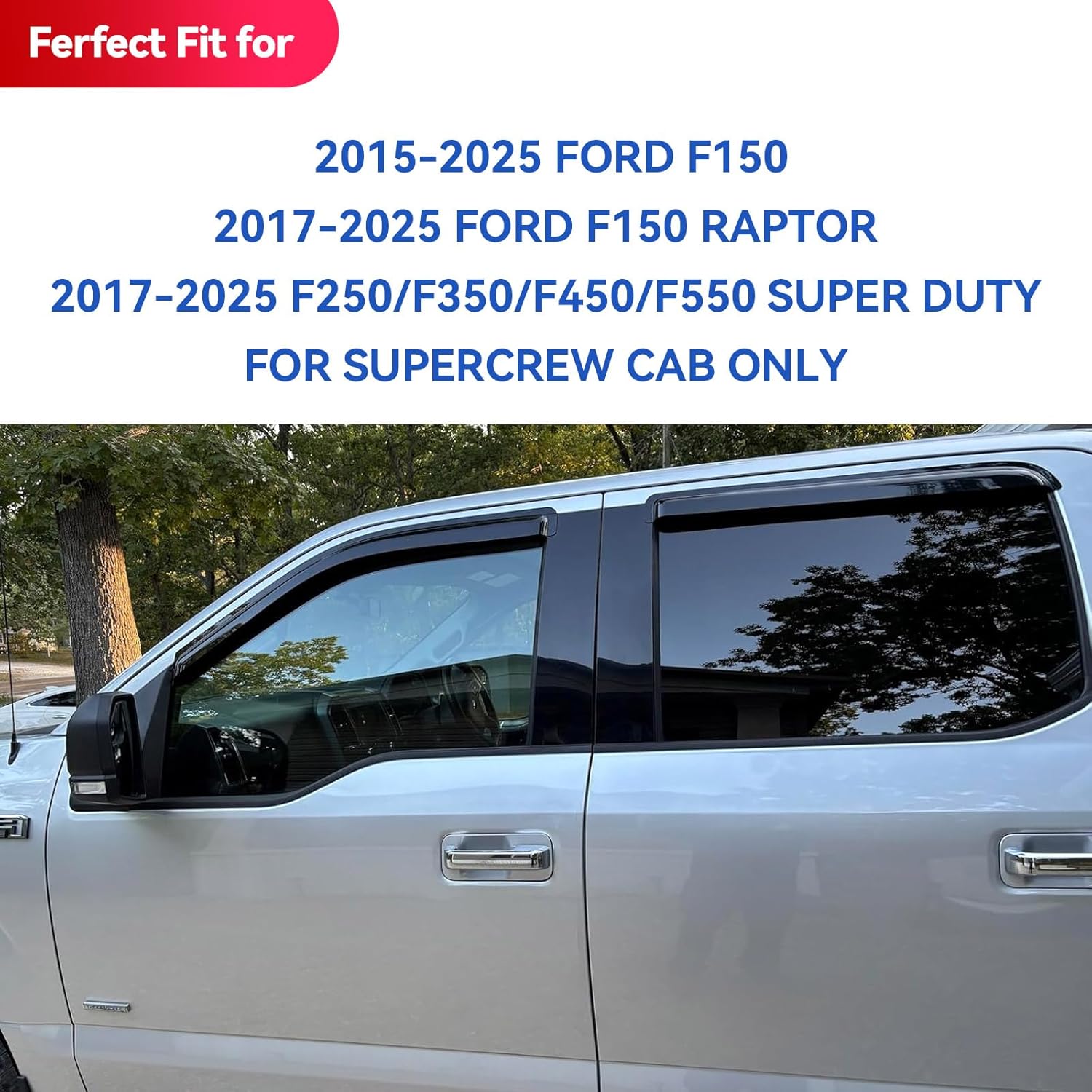 Window Visors Rain Guards for 2015-2026 Ford F150 SuperCrew, Out-Channel Sun Rain Shades Window Vent Deflectors for 2017-2026 F-150 Raptor F250 F350 F450 F550 Super Duty Crew Cab, for Full-Size Cabs