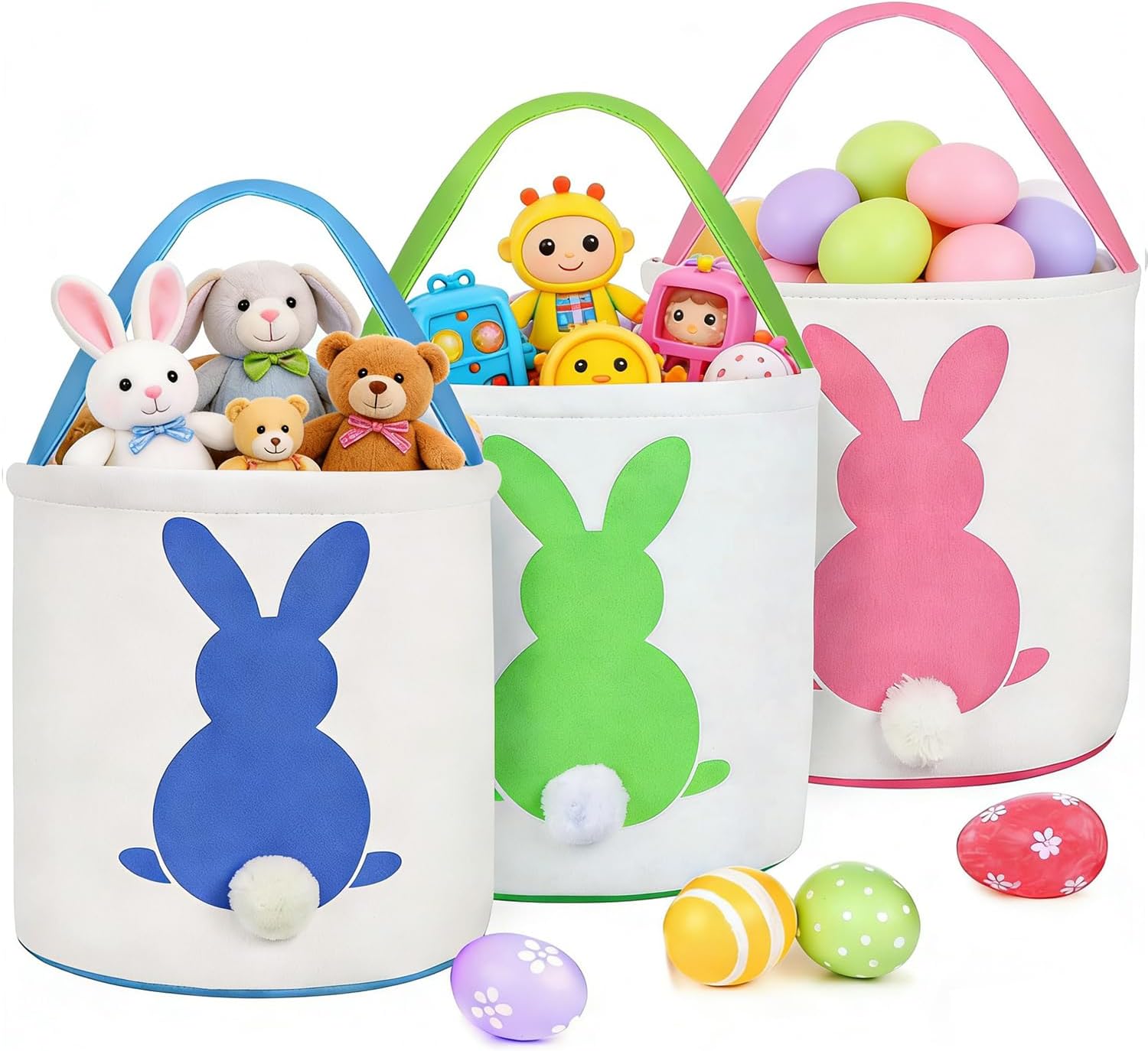 3 pcs canvas bunny print easter egg hunt gift basket with fluffy tails for kids party decoration