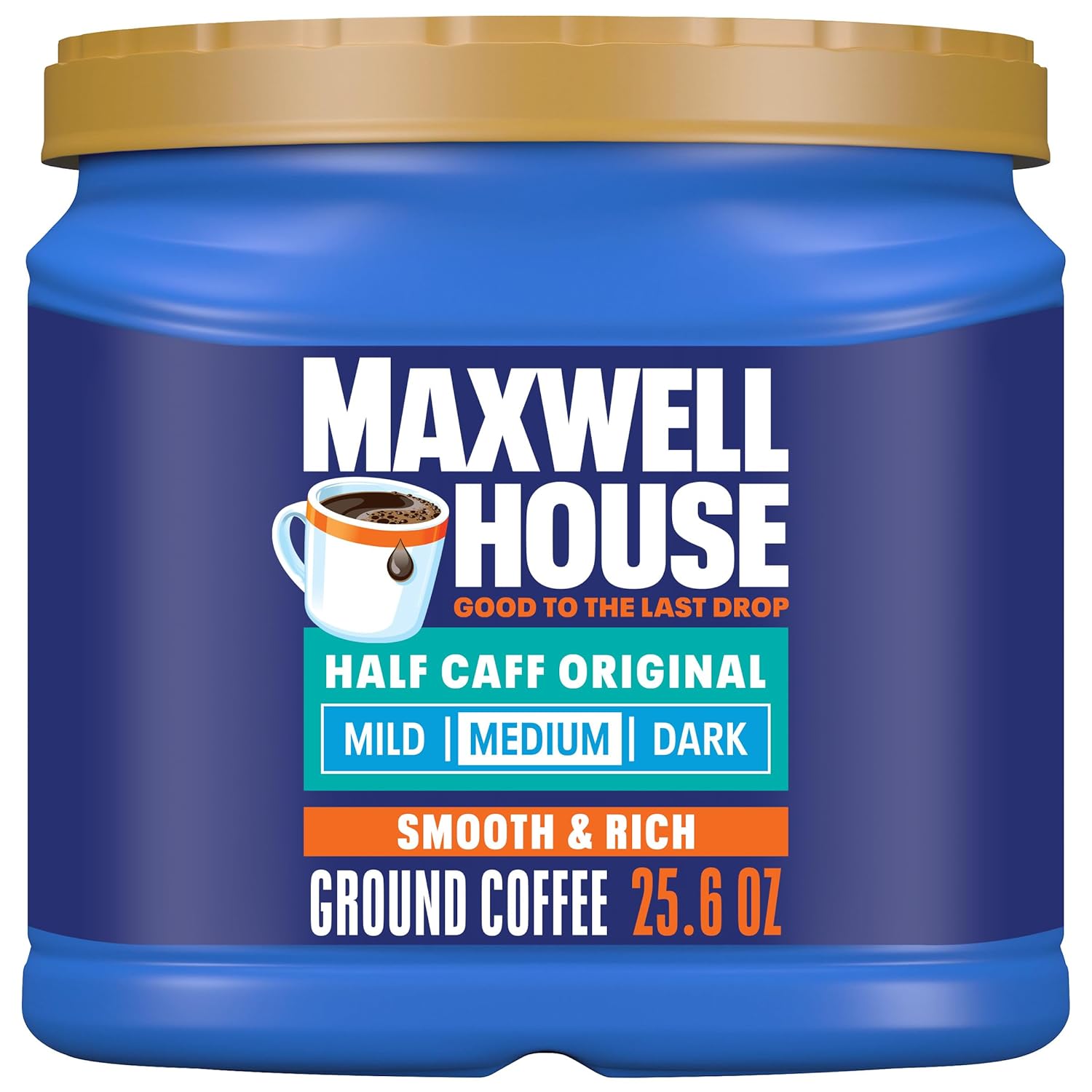 maxwell house half caff original medium roast ground coffee, 25.6 oz canister, smooth and rich, consistently great taste