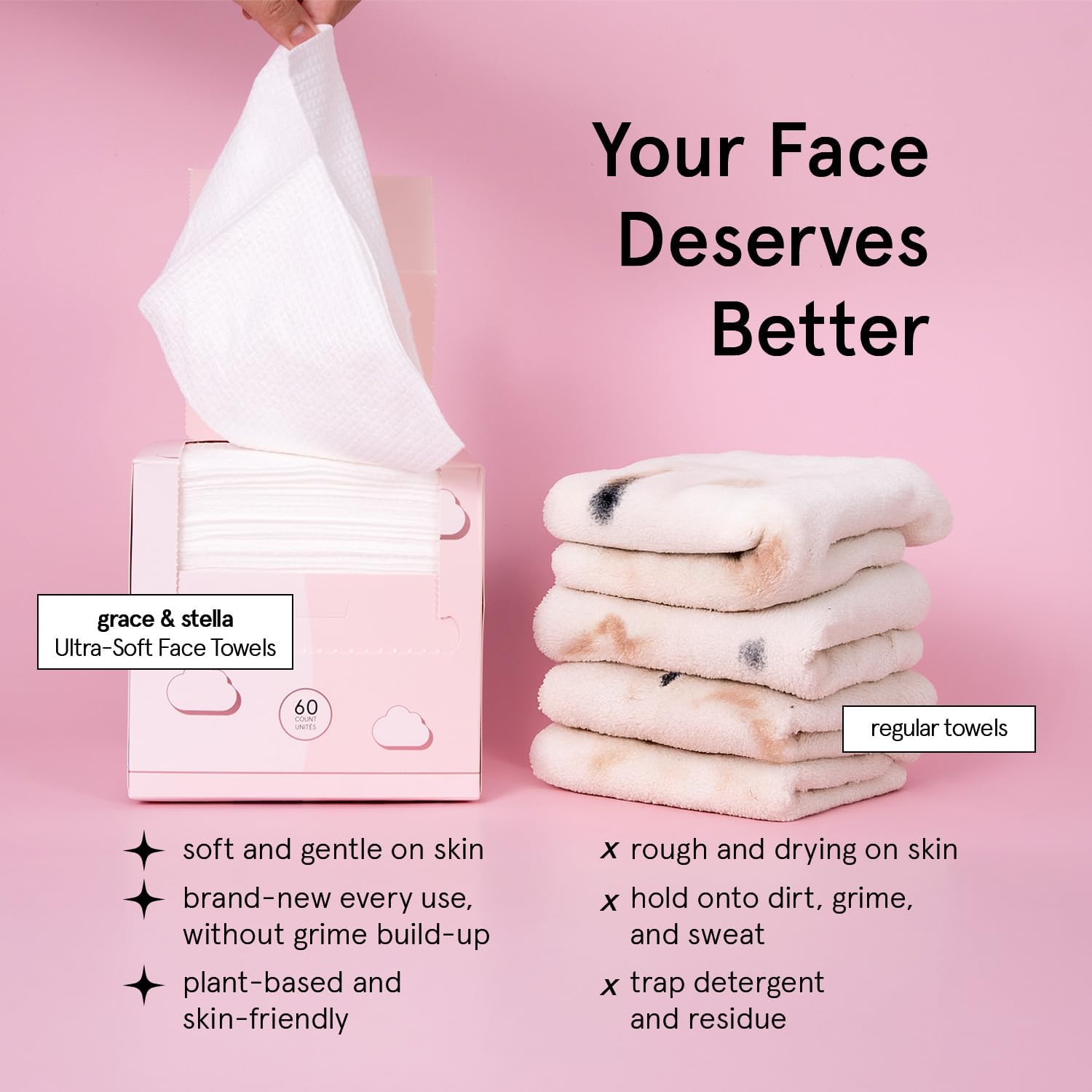 grace & stella XL disposable face towels - ultra-soft & absorbent vegan travel essentials for cleansing & makeup removal