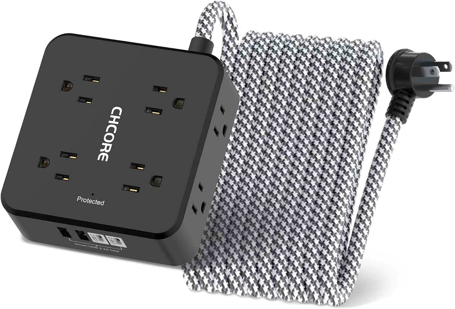 Surge Protector Power Strip - CHCORE 5Ft Braided Extension Cord with 8 Outlets with 4 USB (2 USB C) Charging Ports, Flat Plug Multi Plug Outlet Extender Charging Station for Home Office, ETL, White