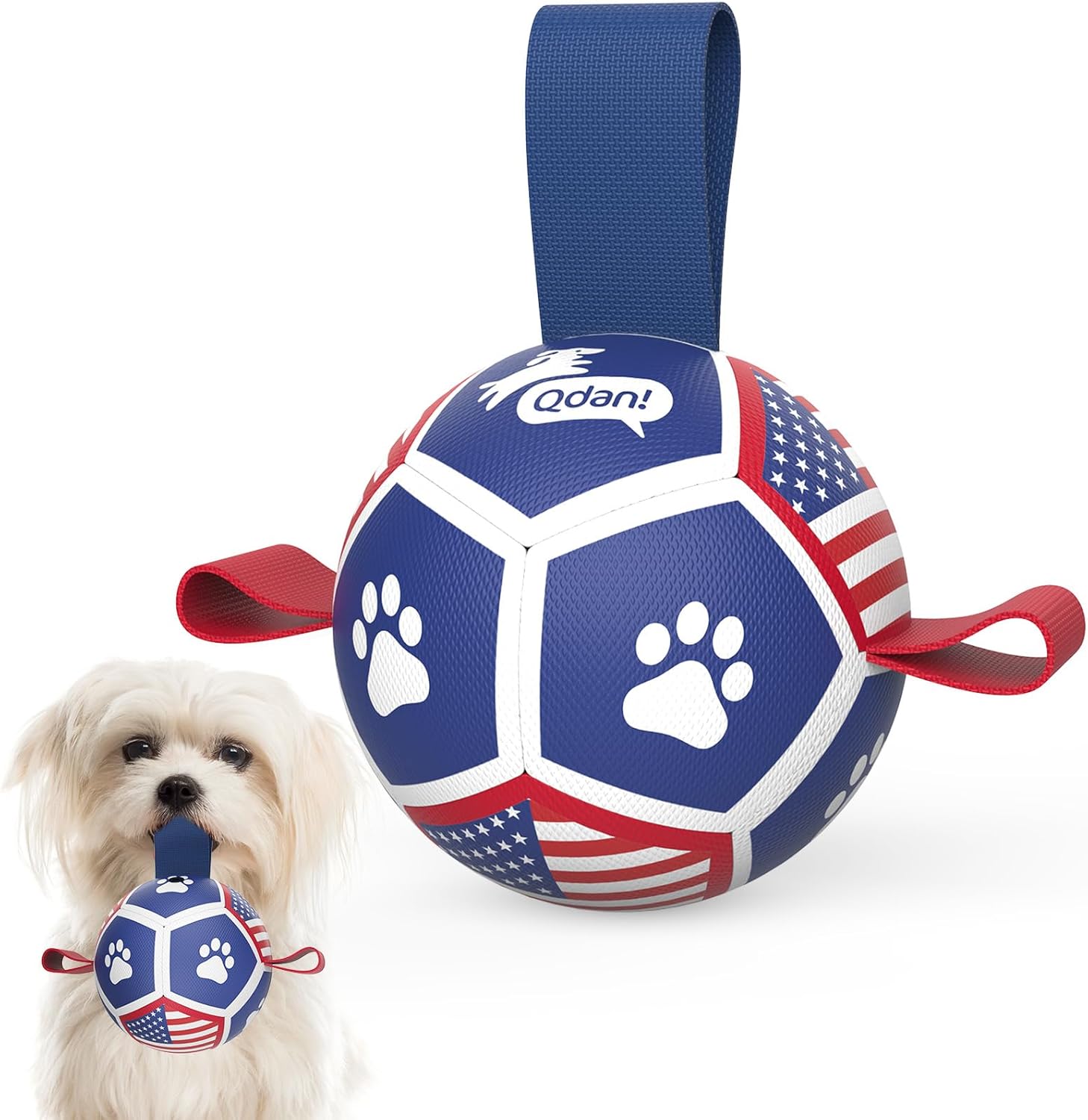Qdan dog toys 6 inch world cup dog soccer ball with straps for small medium pet outdoor play