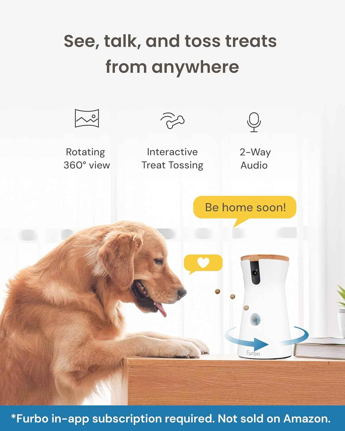 Furbo 360° Dog Camera [Subscription Required] Unlock w/Paid Plan: Home Security & Dog Safety Alerts, Rotating Pet Treat Toss, 2-Way Speaker (Low Risk, 3mo Min. Cancel Anytime)