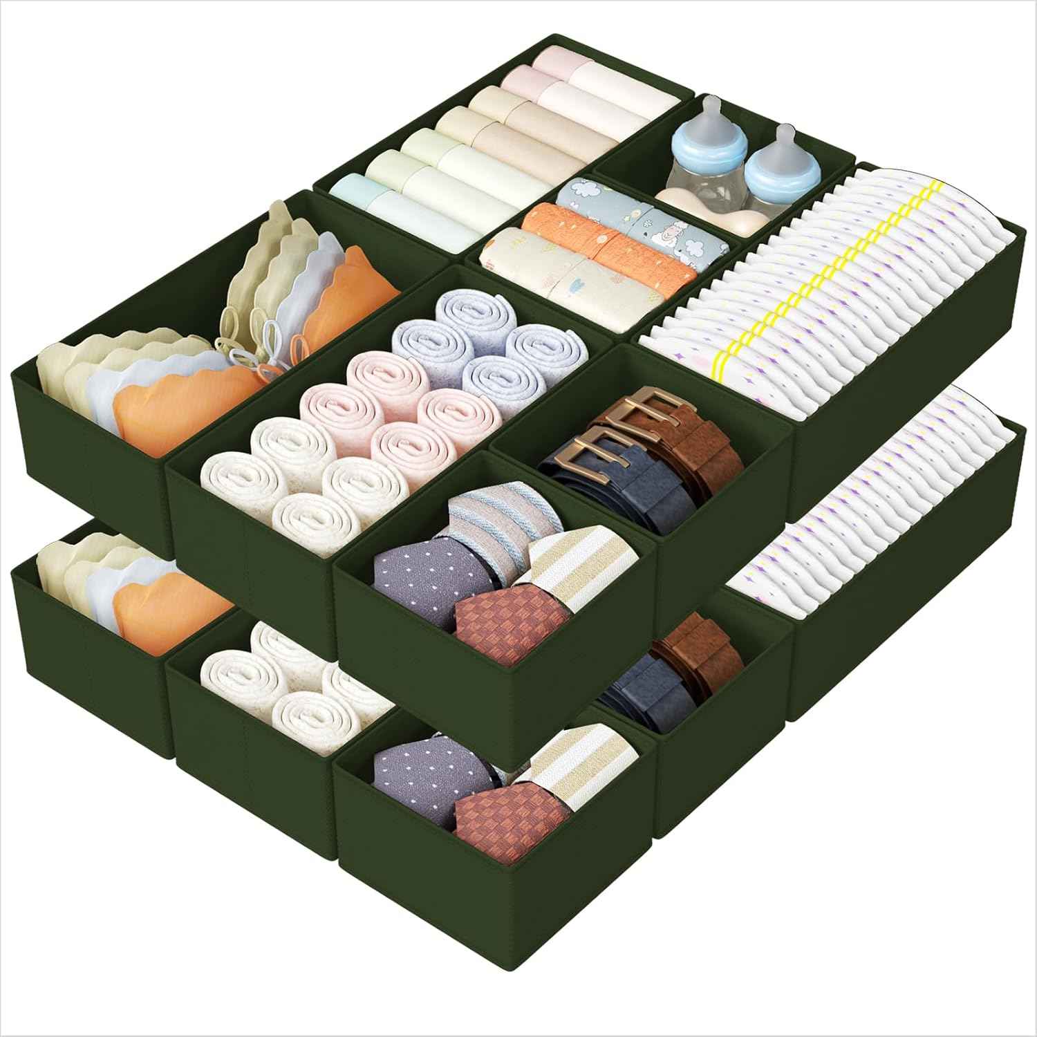 DIMJ Drawer Organizers Clothes, Set of 4 Dresser Organizer Bins, Fabric Closet Organizers and Storage, Shallow Drawer Dividers for Nursery, Clothing, Baby Clothes, Socks, Underwears, Tie (Beige)
